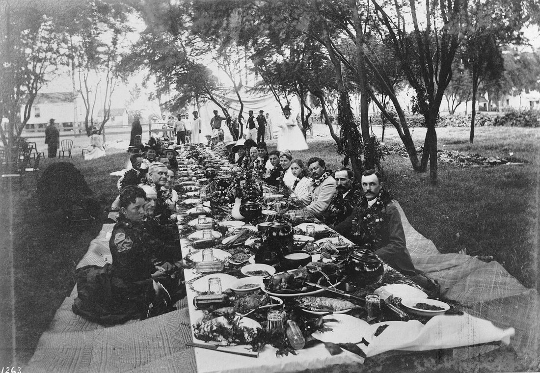 Guests seated on lauhala mats at a long lūʻau table laden with food, Waipiʻo, Oʻahu, Hawaiʻi, circa 1890