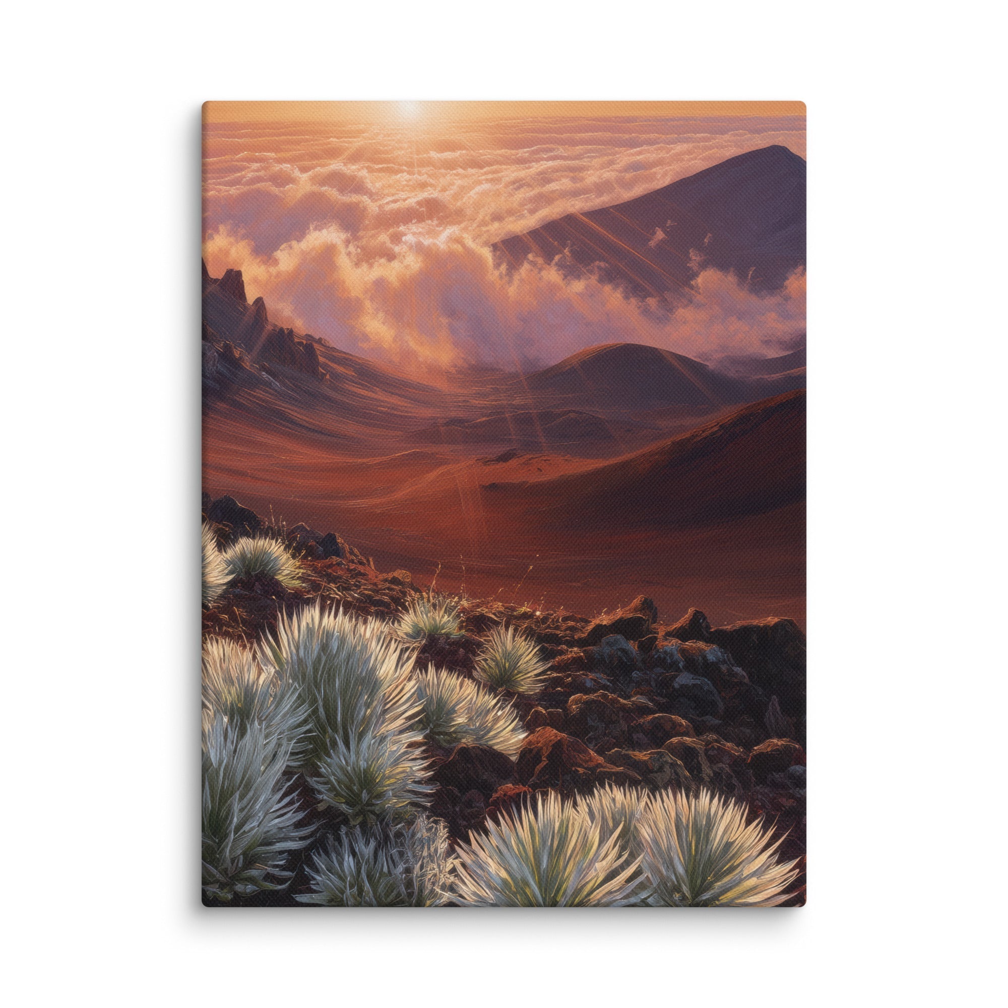 Maui Haleakalā sunrise canvas wall art print showing volcanic crater and silversword silhouettes at dawn