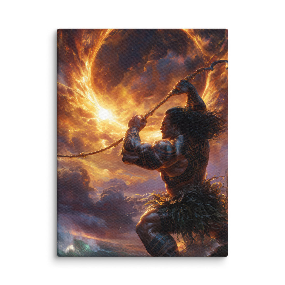 Hawaiian canvas of the demigod Māui, a figure central to many common Hawaiian words and stories.
