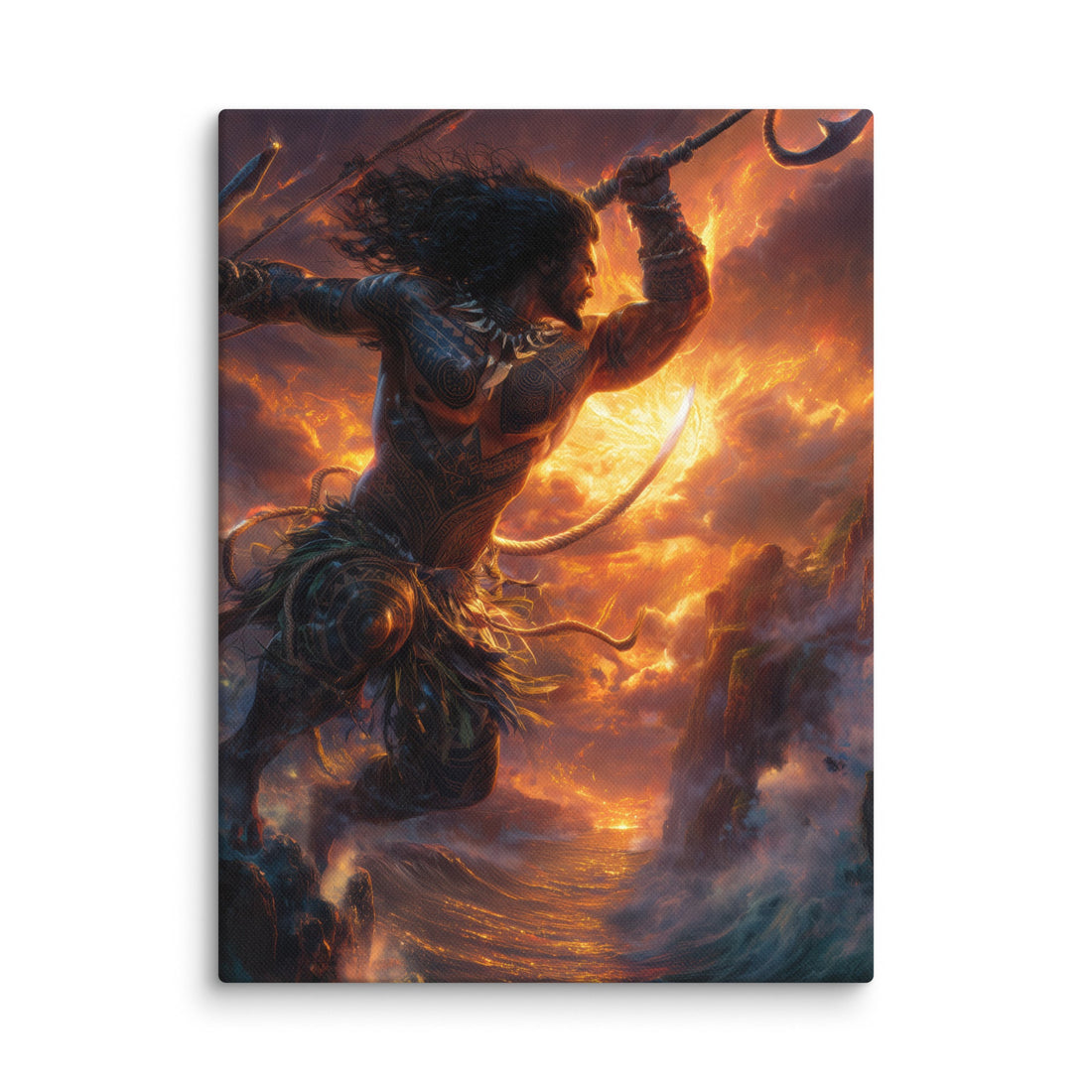 The demigod Māui standing atop Haleakalā with a rope raised toward the rising sun, Hawaiian mythology canvas wall art