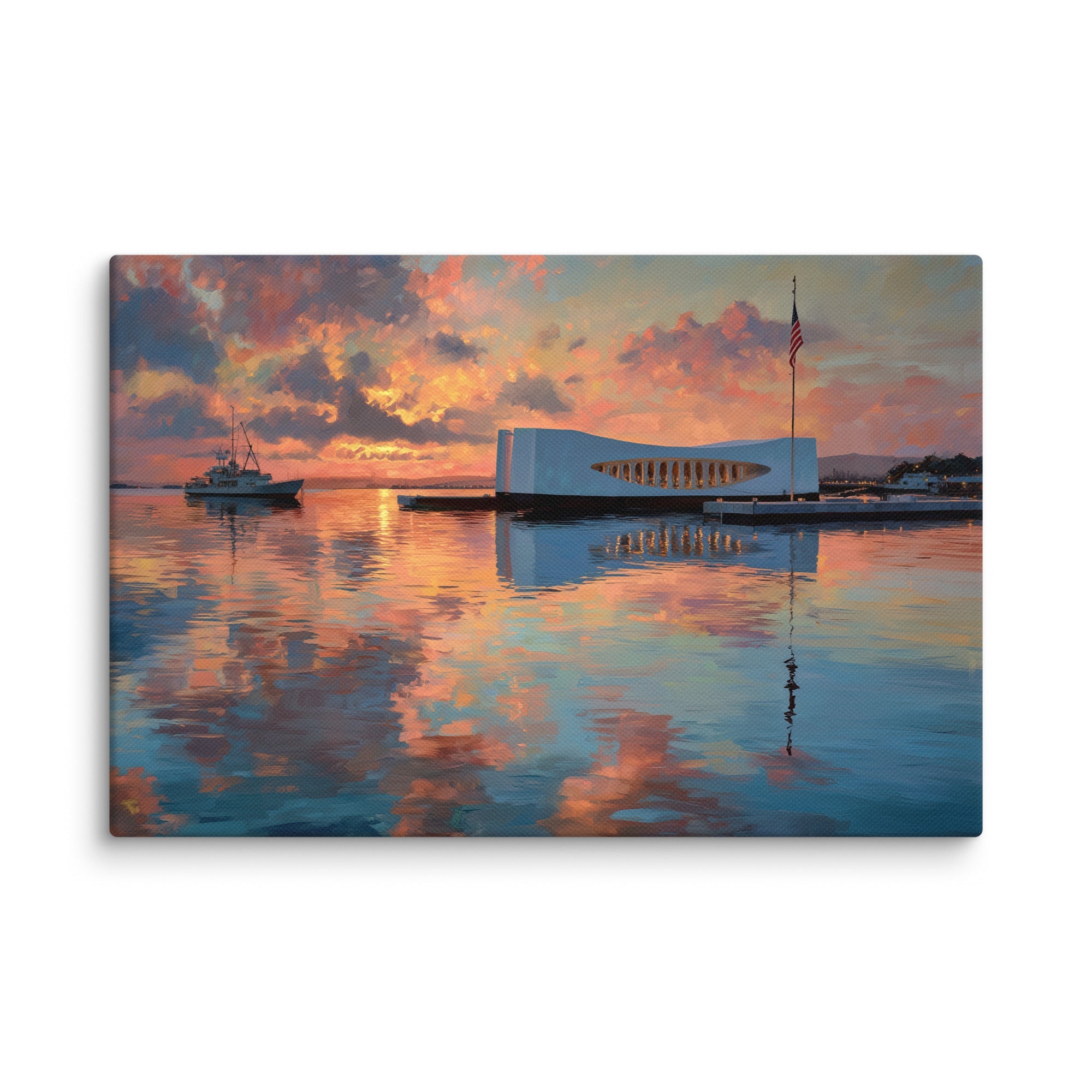 Hawaiian oil-painting canvas print of the USS Arizona Memorial hanging as wall art