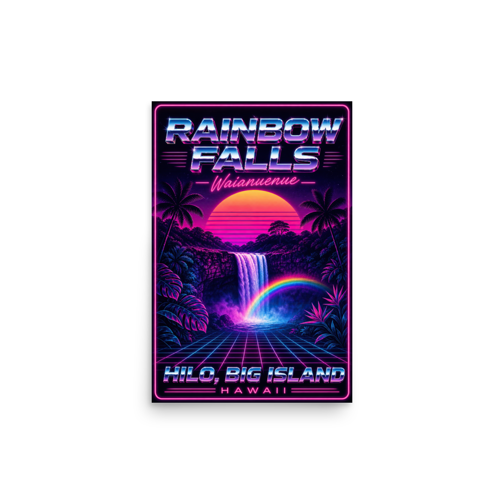 Rainbow Falls Hawaiʻi Island vaporwave travel poster print of the Big Island
