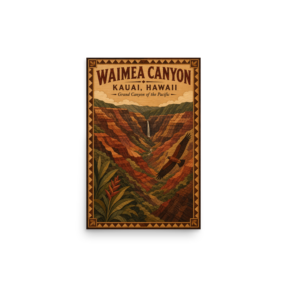 Waimea Canyon Kauaʻi wood-marquetry travel poster print of the Garden Isle