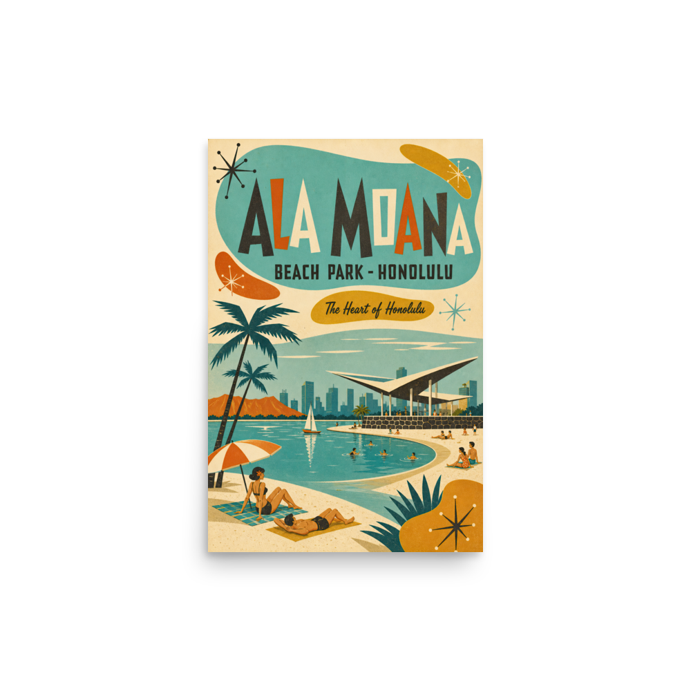 Ala Moana Oʻahu atomic mid-century travel poster print