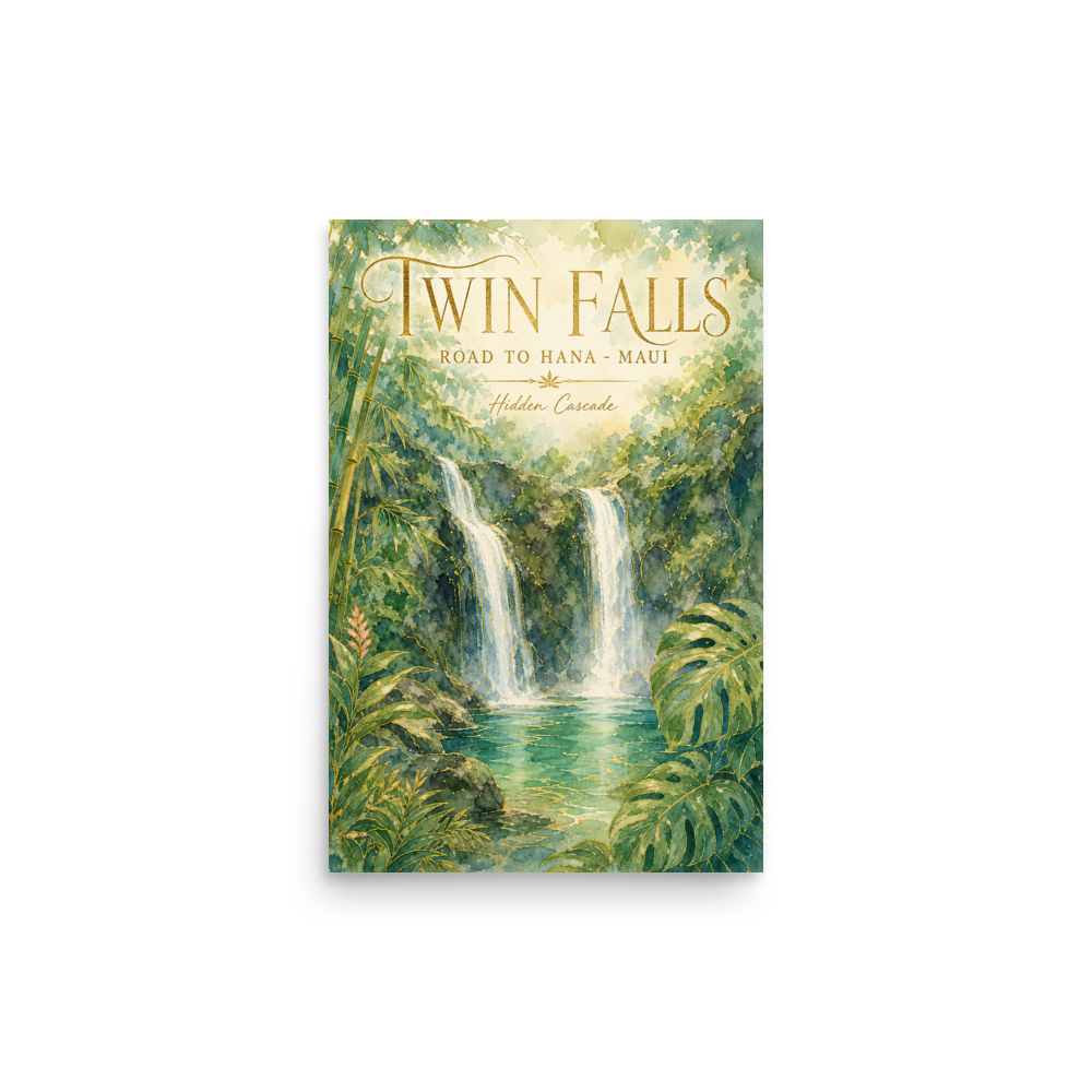 Twin Falls Maui watercolor travel poster print of the Valley Isle