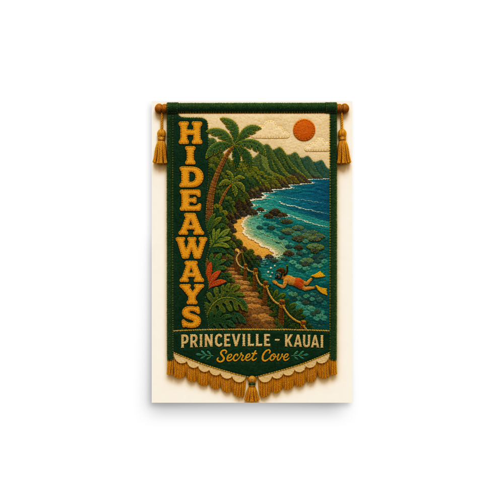 Hideaways Beach Kauaʻi felt-pennant Hawaii poster for a beach house wall