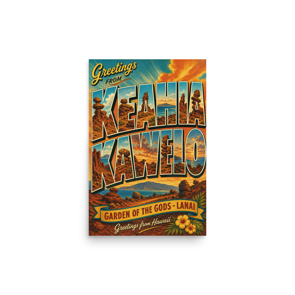 Hawaiian travel poster of Garden of the Gods on Lānaʻi, Hawaiʻi — a piece for a Hawaiian gallery wall