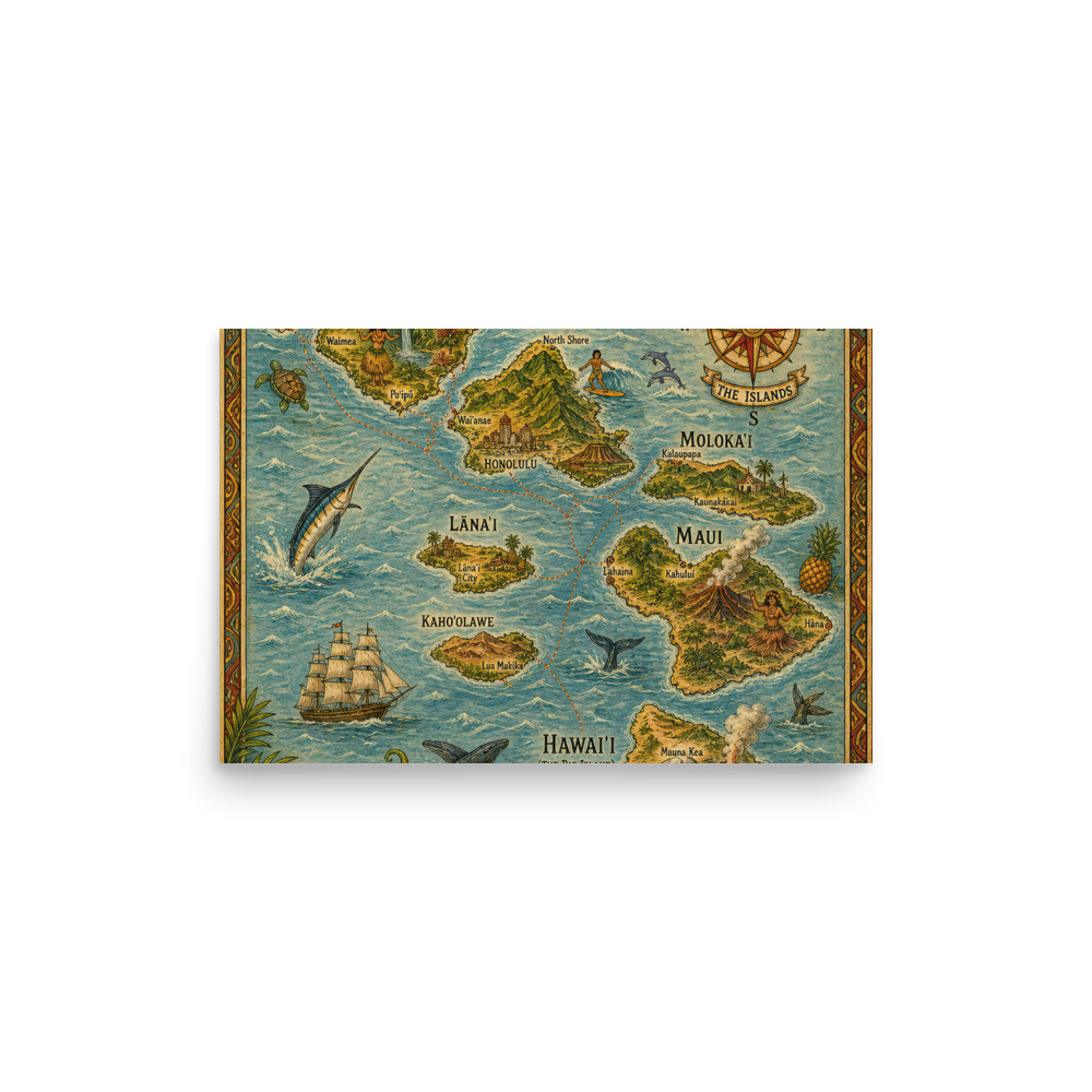 Vintage-style pictorial map poster of the Hawaiian Islands showing Oʻahu, Molokaʻi, Lānaʻi, Maui, and Hawaiʻi Island with ships, whales, and a compass rose