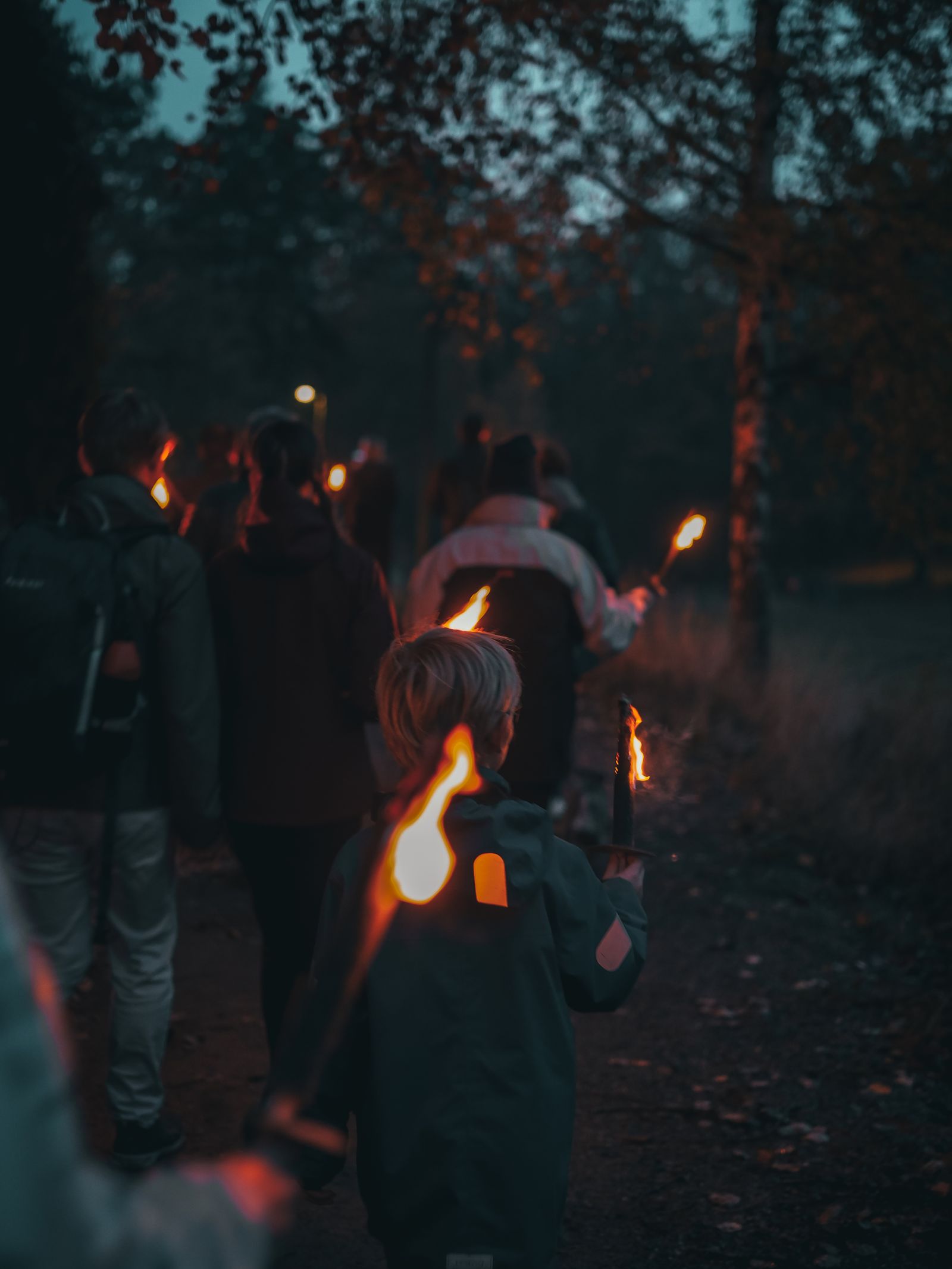 A procession of people carrying flaming torches through the dark, evoking the huakaʻi pō — the Night Marchers of Hawaiian legend
