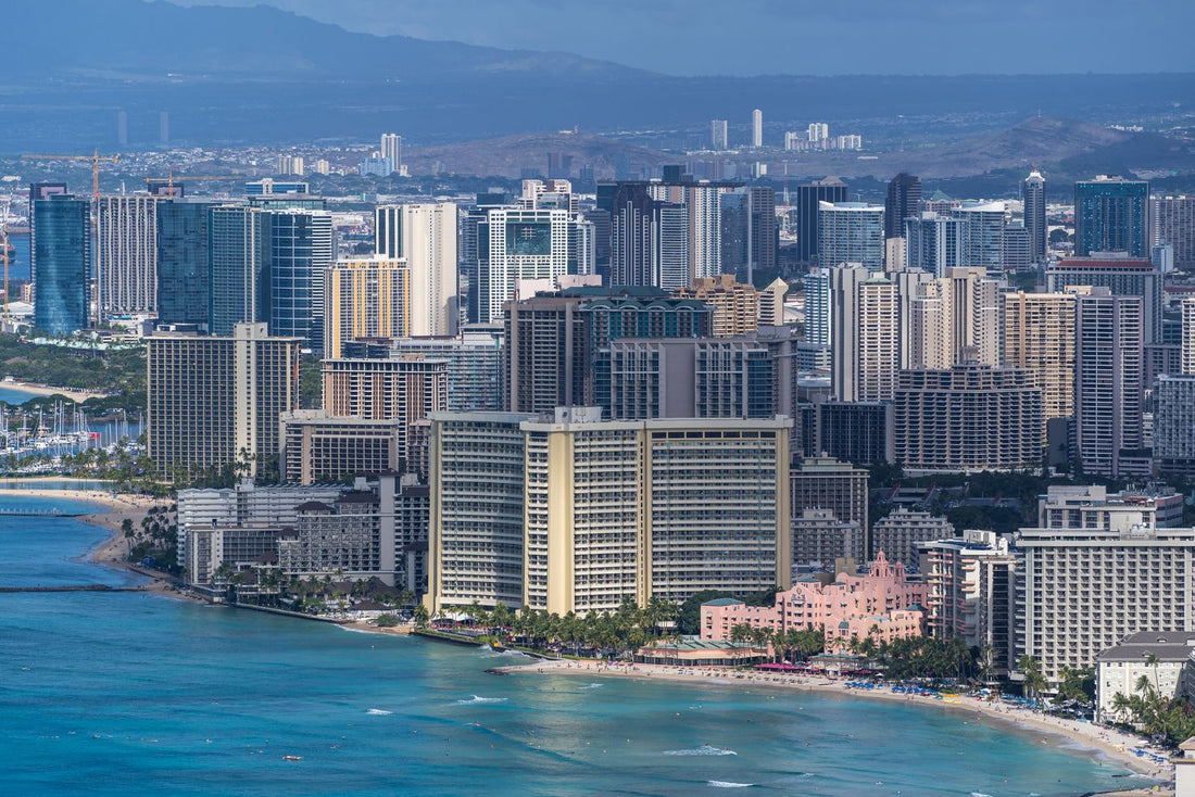 Aerial view of Waikiki and Honolulu skyline on Oʻahu, one of the main Hawaiian Islands