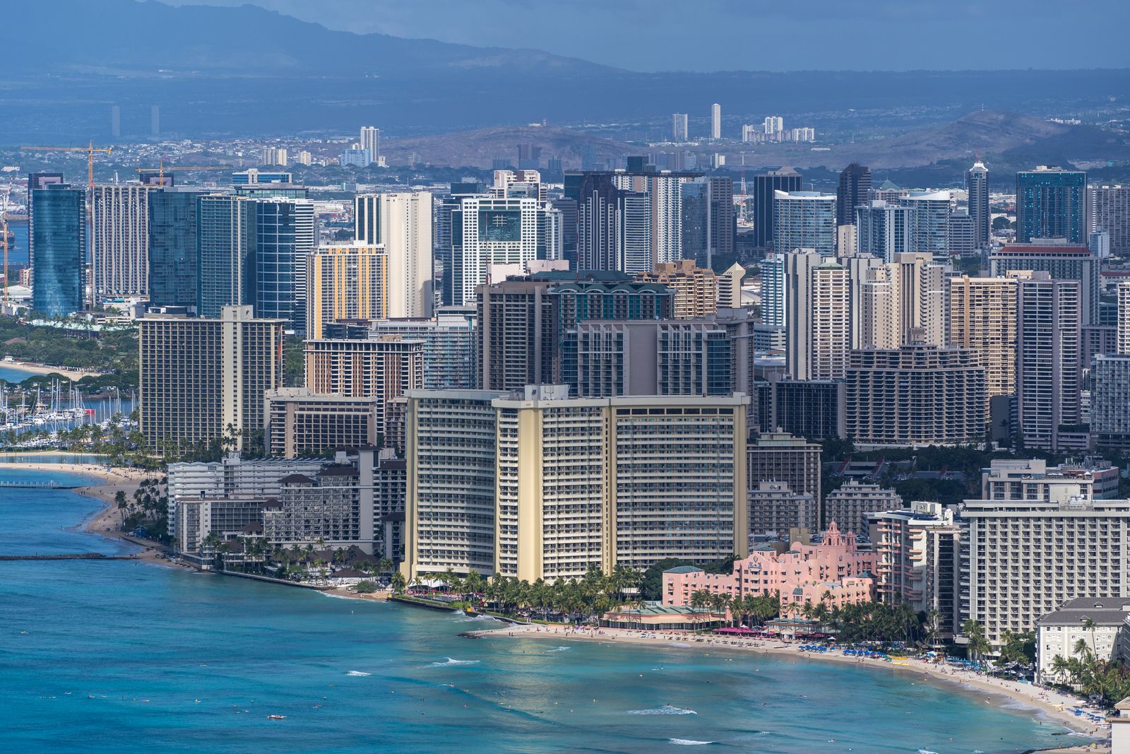 Aerial view of Waikiki and Honolulu skyline on Oʻahu, one of the main Hawaiian Islands