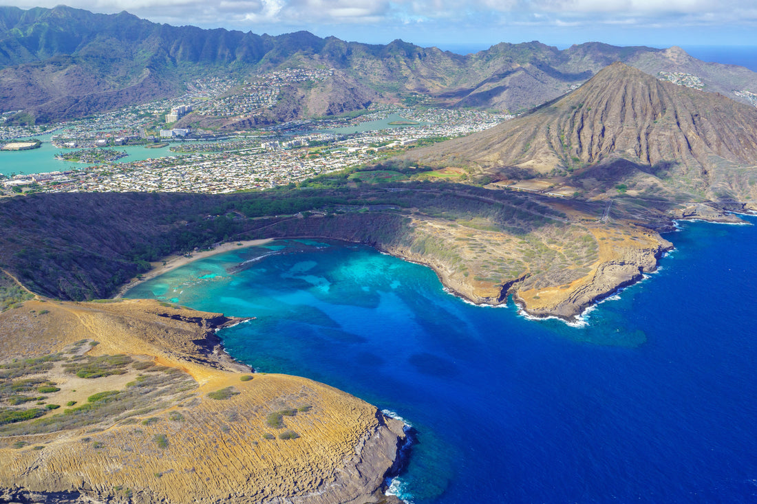 Aerial view of Hanauma Bay, a crescent snorkeling cove on Oʻahu, Hawaiʻi