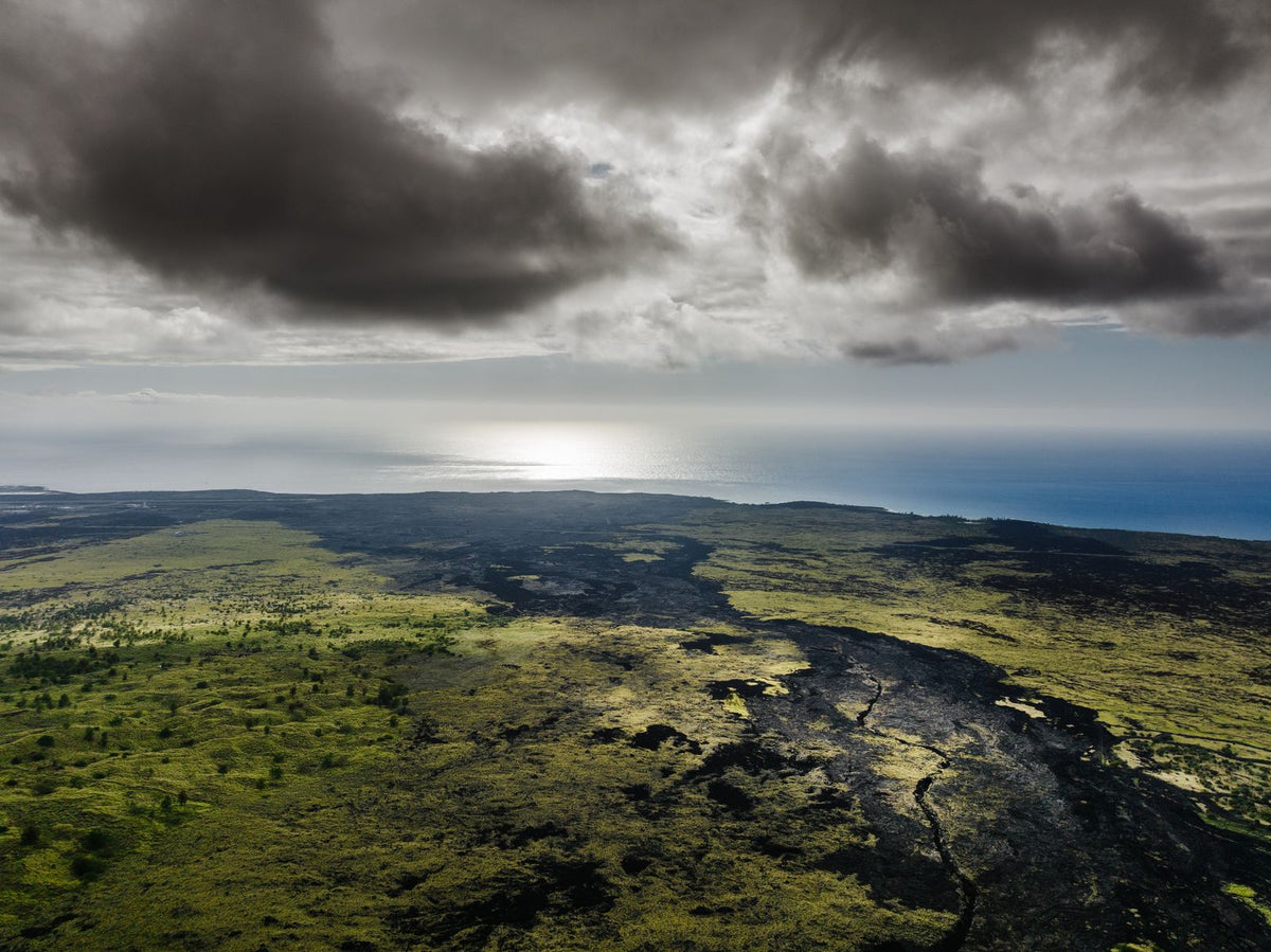 Aerial view of lava fields meeting green land and the ocean on the Big Island, Hawaiʻi