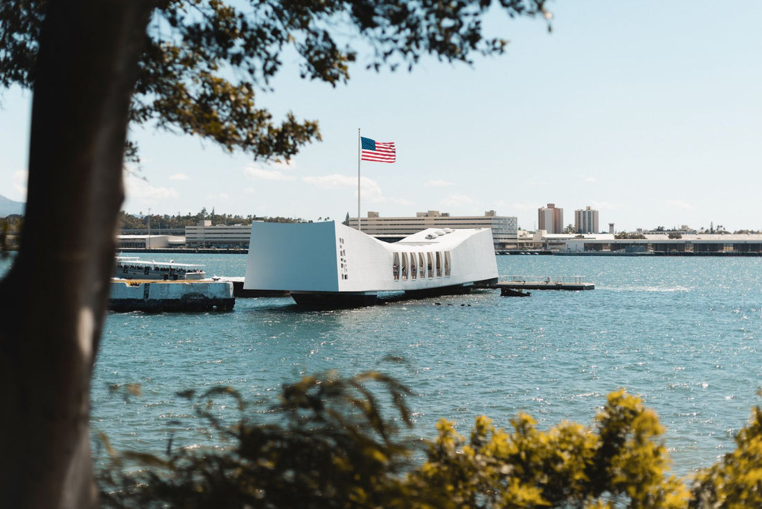 The USS Arizona Memorial and American flag at Pearl Harbor, Oʻahu, Hawaiʻi