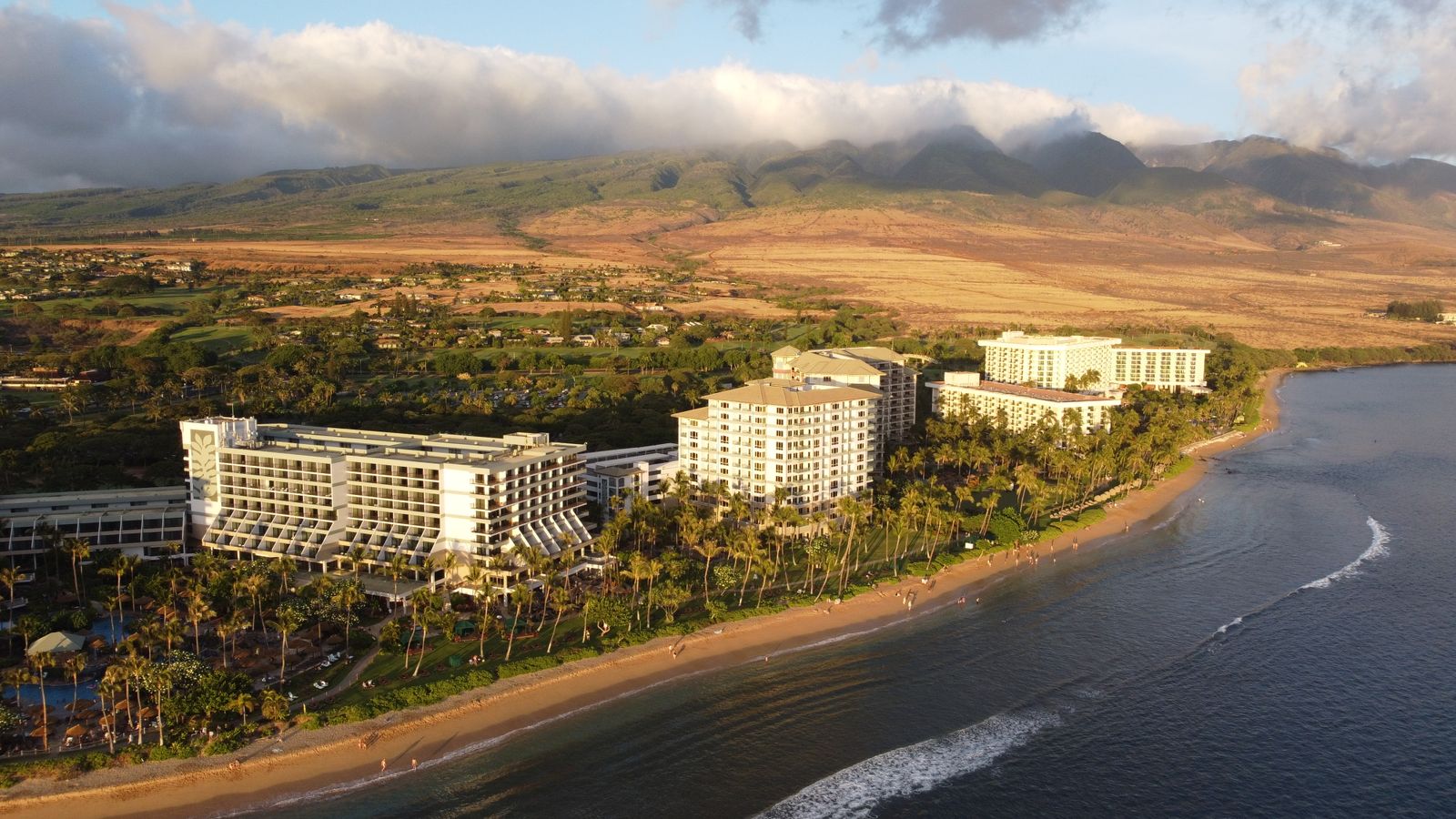 Aerial view of Kaanapali Beach resorts and coastline on Maui, Hawaii