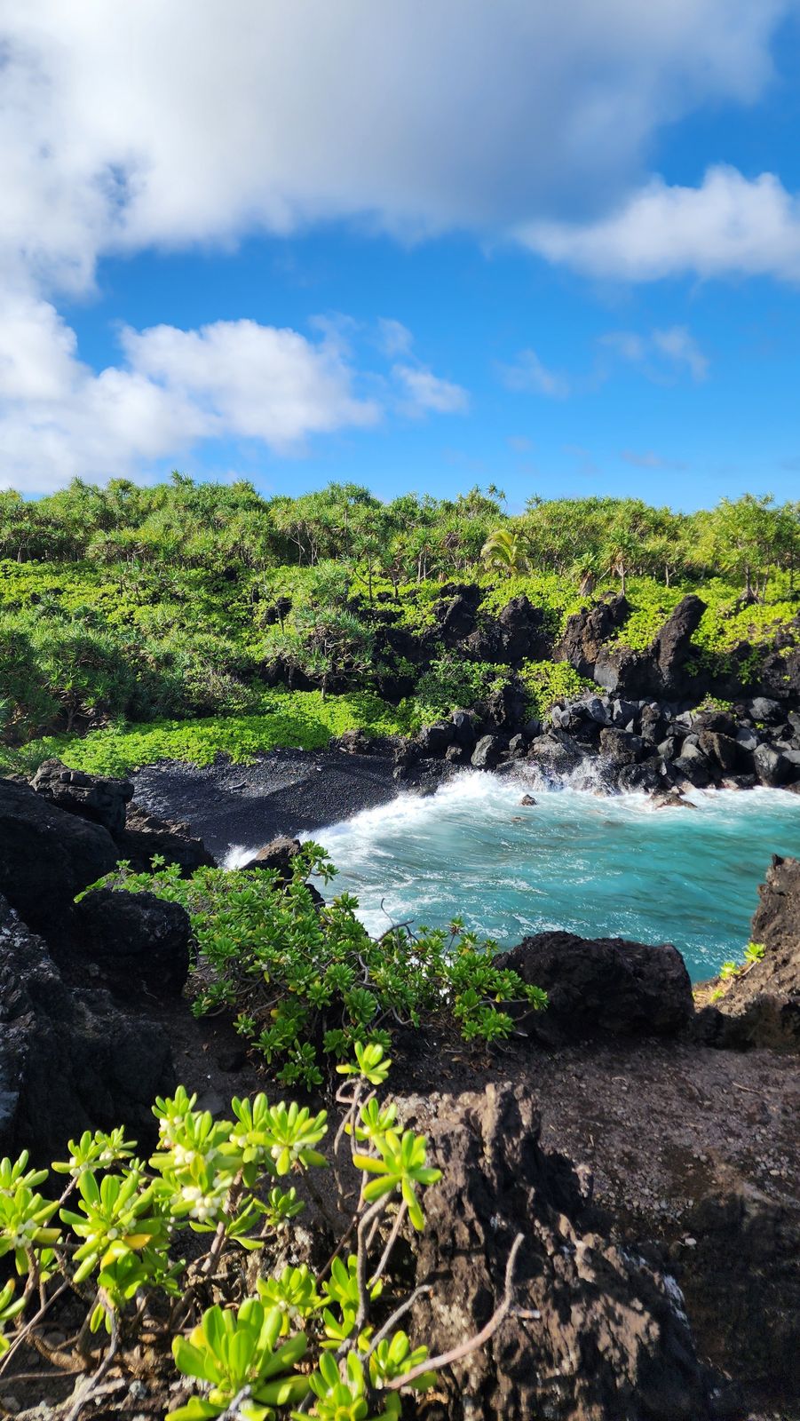 Black volcanic lava rock coastline in Hawaii with turquoise water