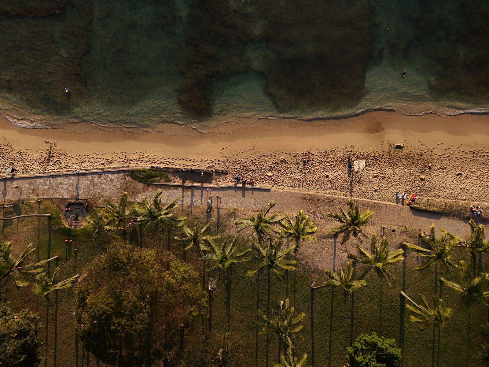Aerial view of a Hawaiian beach with palm trees, sand, and turquoise ocean water
