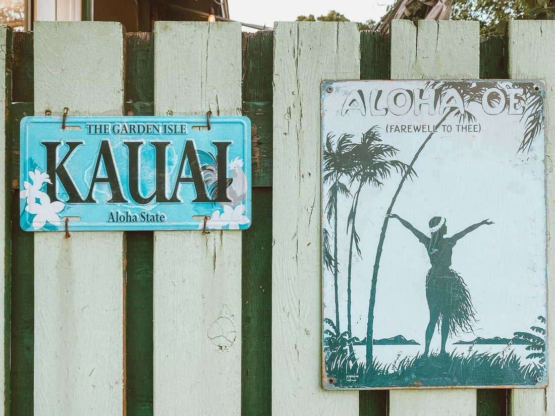 Vintage Kauaʻi and Aloha ʻoe signs displaying Hawaiian words on a fence in Hawaiʻi
