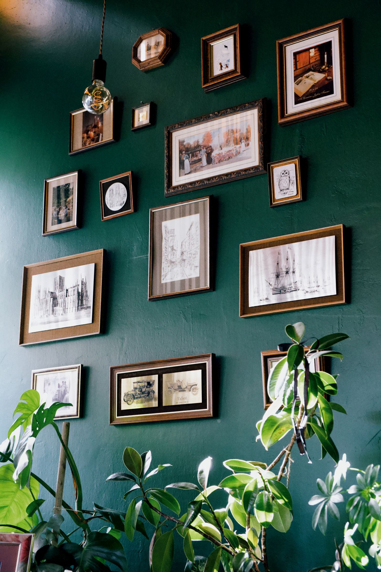 A gallery wall of framed art prints arranged on a deep green wall with houseplants — decorating with wall art