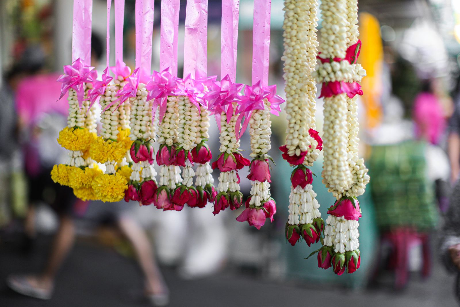 Colorful Hawaiian flower lei at a lei stand