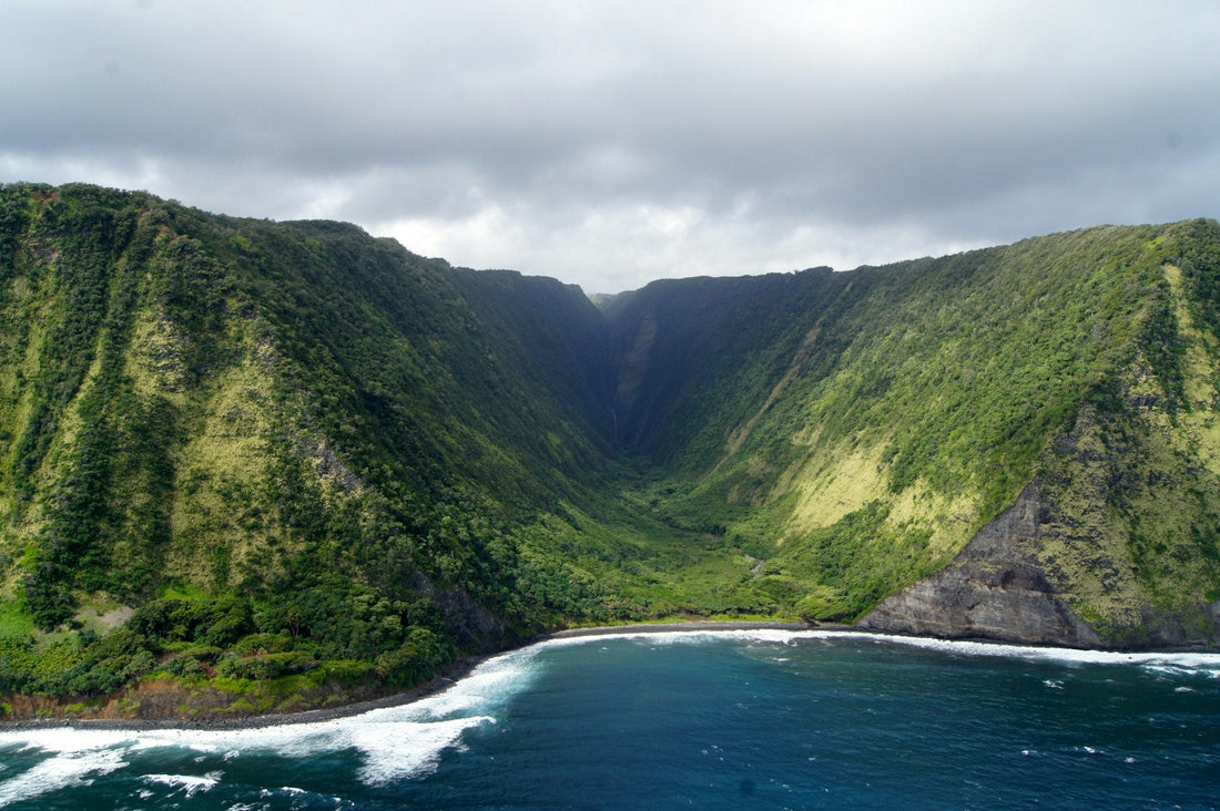 Green coastal mountains and valley on the Island of Hawaiʻi, representing ʻāina, the land at the heart of the Hawaiian language