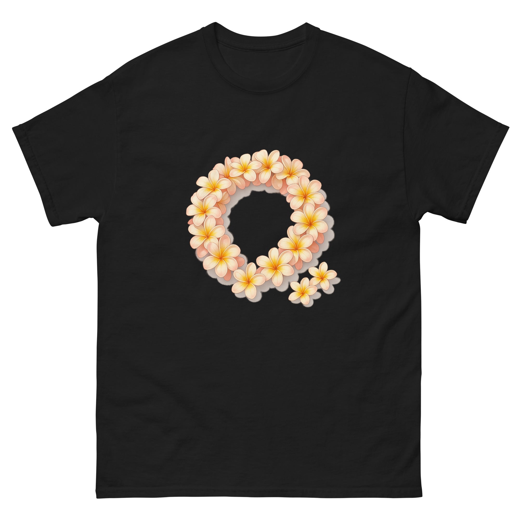 Plumeria lei design on a Hawaiian culture tee, an emblem of the iconic flower of Hawaiian lei