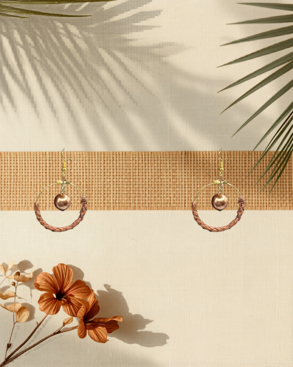 Lauhala half wrap gold hoop earrings Brown Shell Pearl variant styled on tropical Hawaiian background