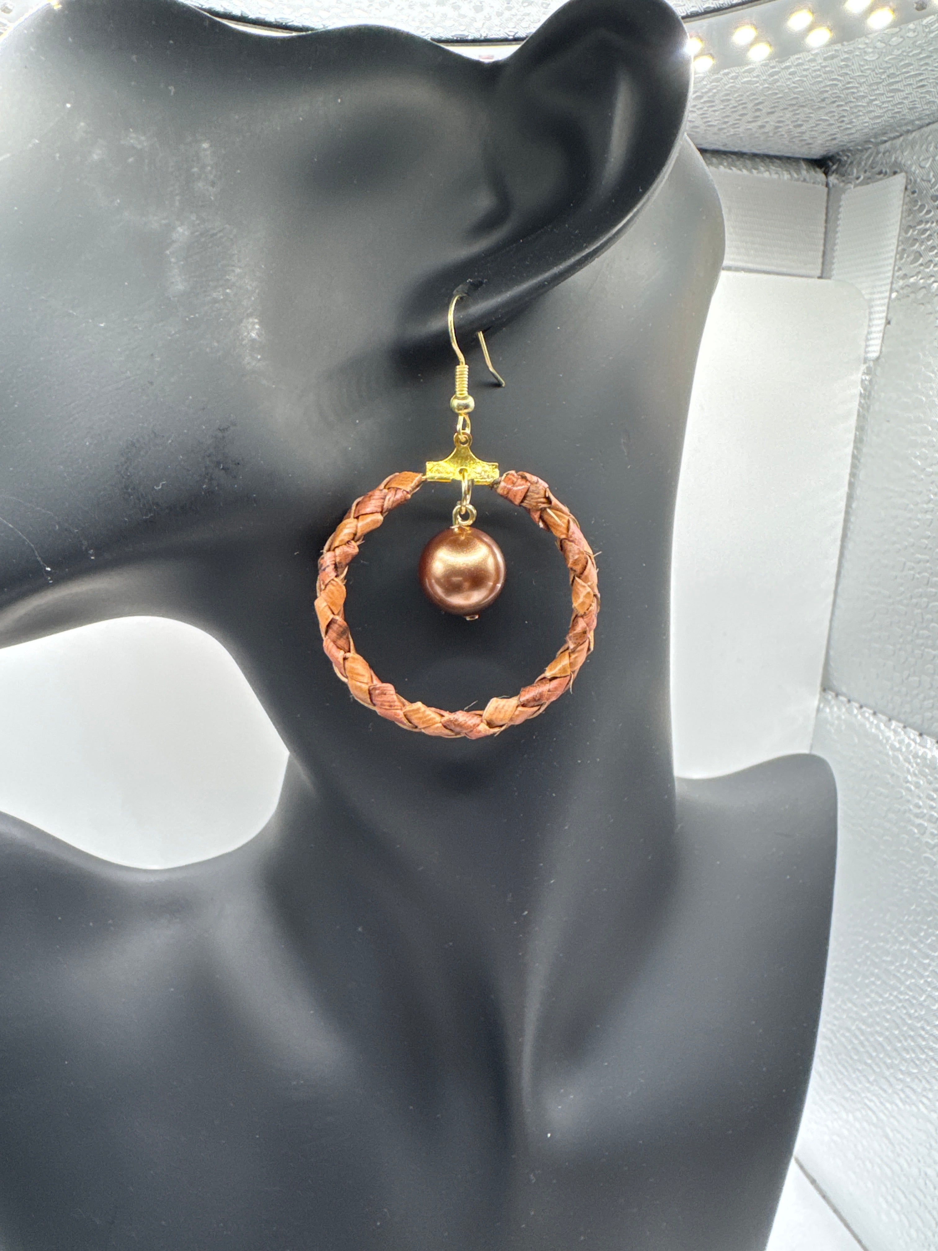 Handmade Lauhala Wrapped Hoop Earrings with Shell Pearls, Hawaiian Woven Earrings, Authentic Hawaii Jewelry, Pandanus Leaf Hoops