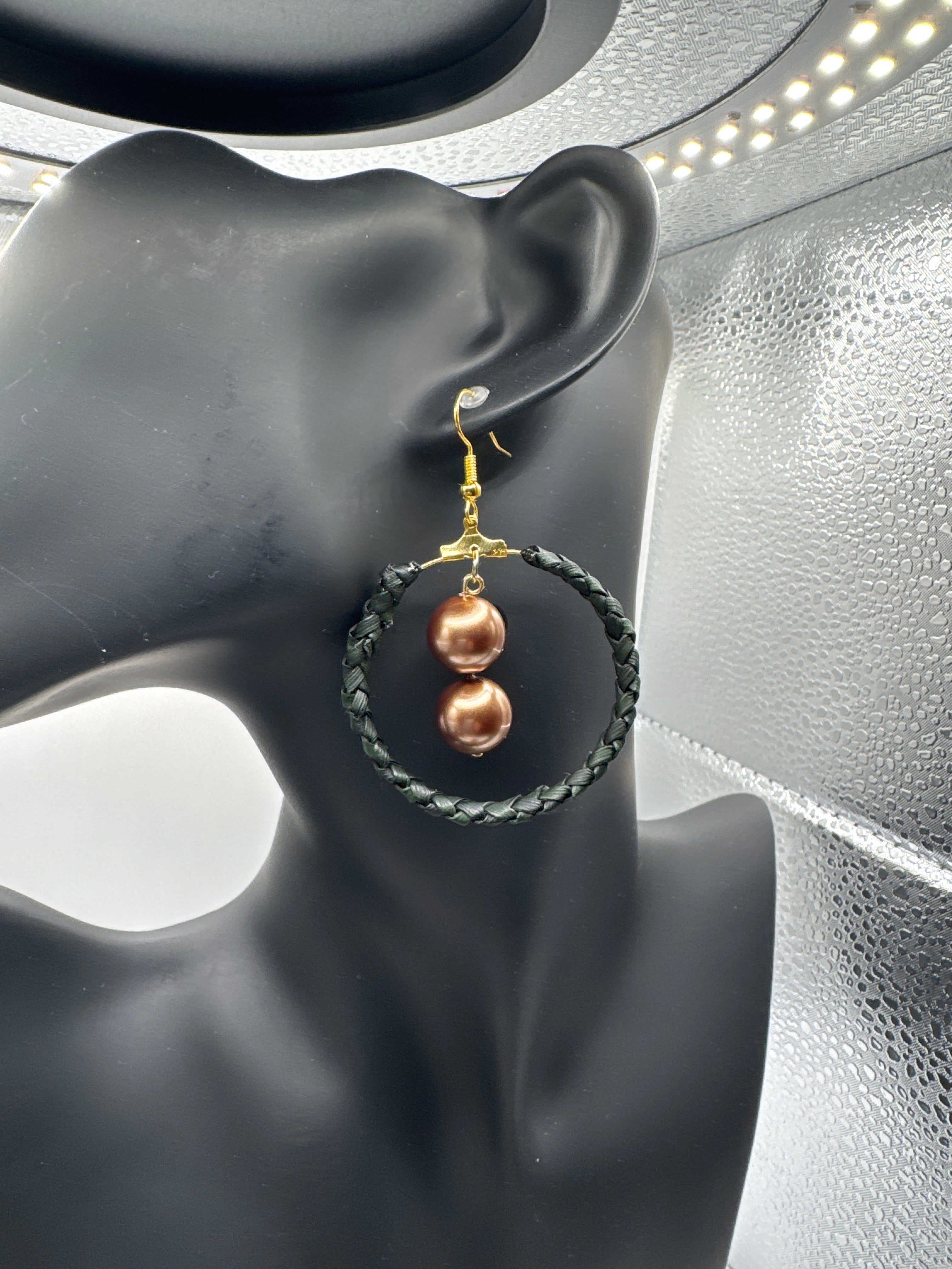 Handmade Double Row Lauhala Hoop Earrings with Shell Pearls, Hawaiian Woven Earrings, Authentic Pandanus Leaf Jewelry