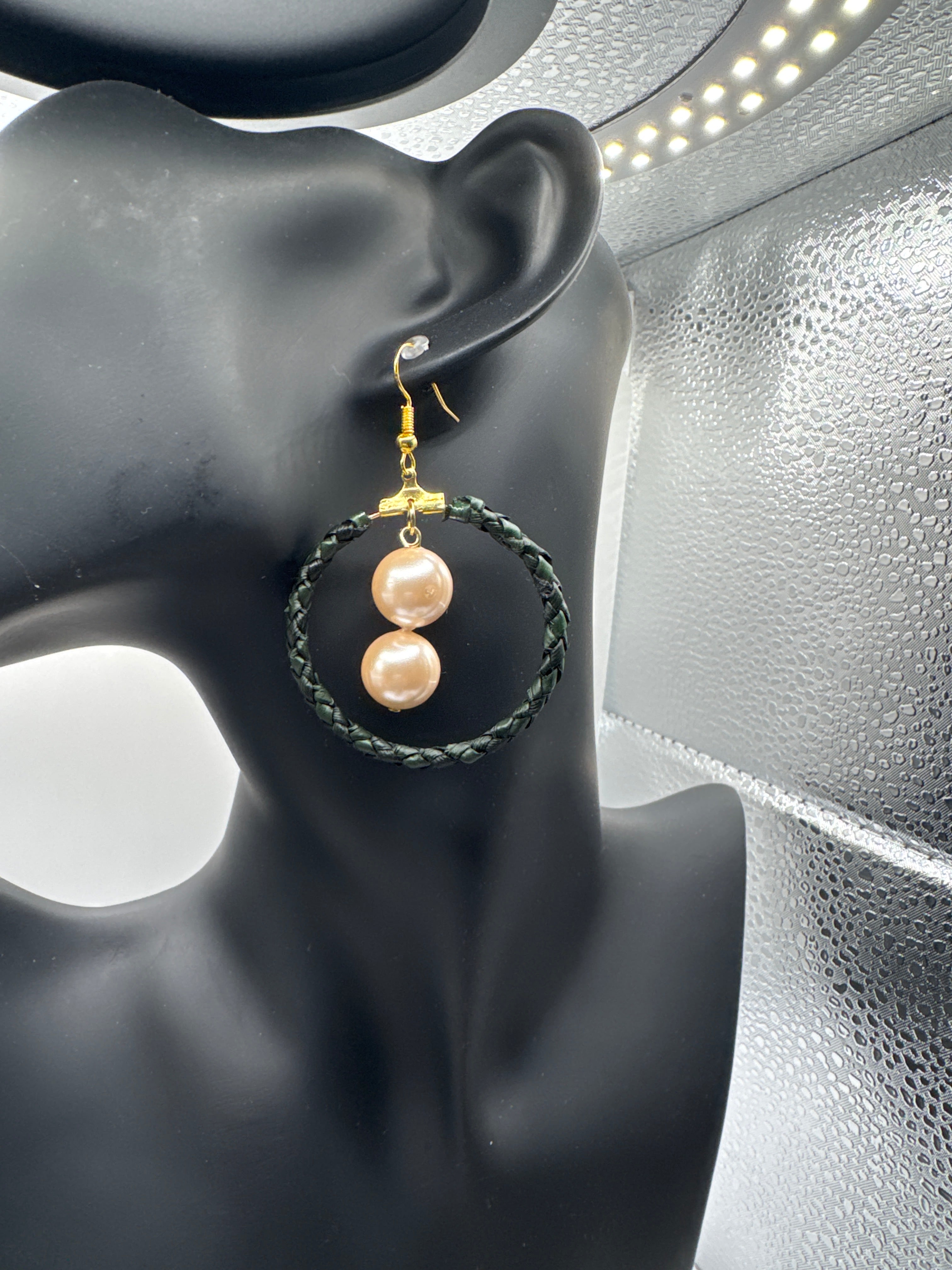 Handmade Double Row Lauhala Hoop Earrings with Shell Pearls, Hawaiian Woven Earrings, Authentic Pandanus Leaf Jewelry