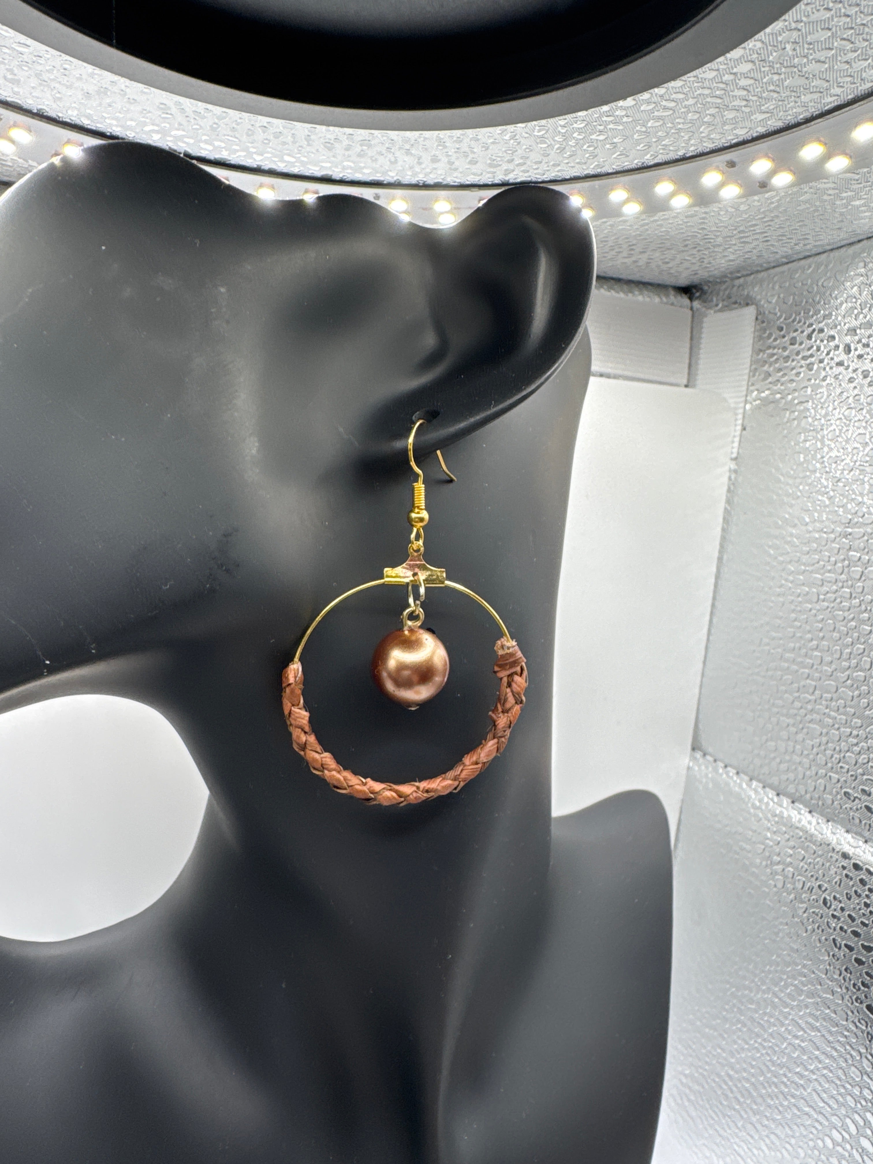 Handmade Lauhala Half Wrap Hoop Earrings with Shell Pearls, Gold Hawaiian Woven Earrings, Pink or Brown Pandanus Leaf Jewelry