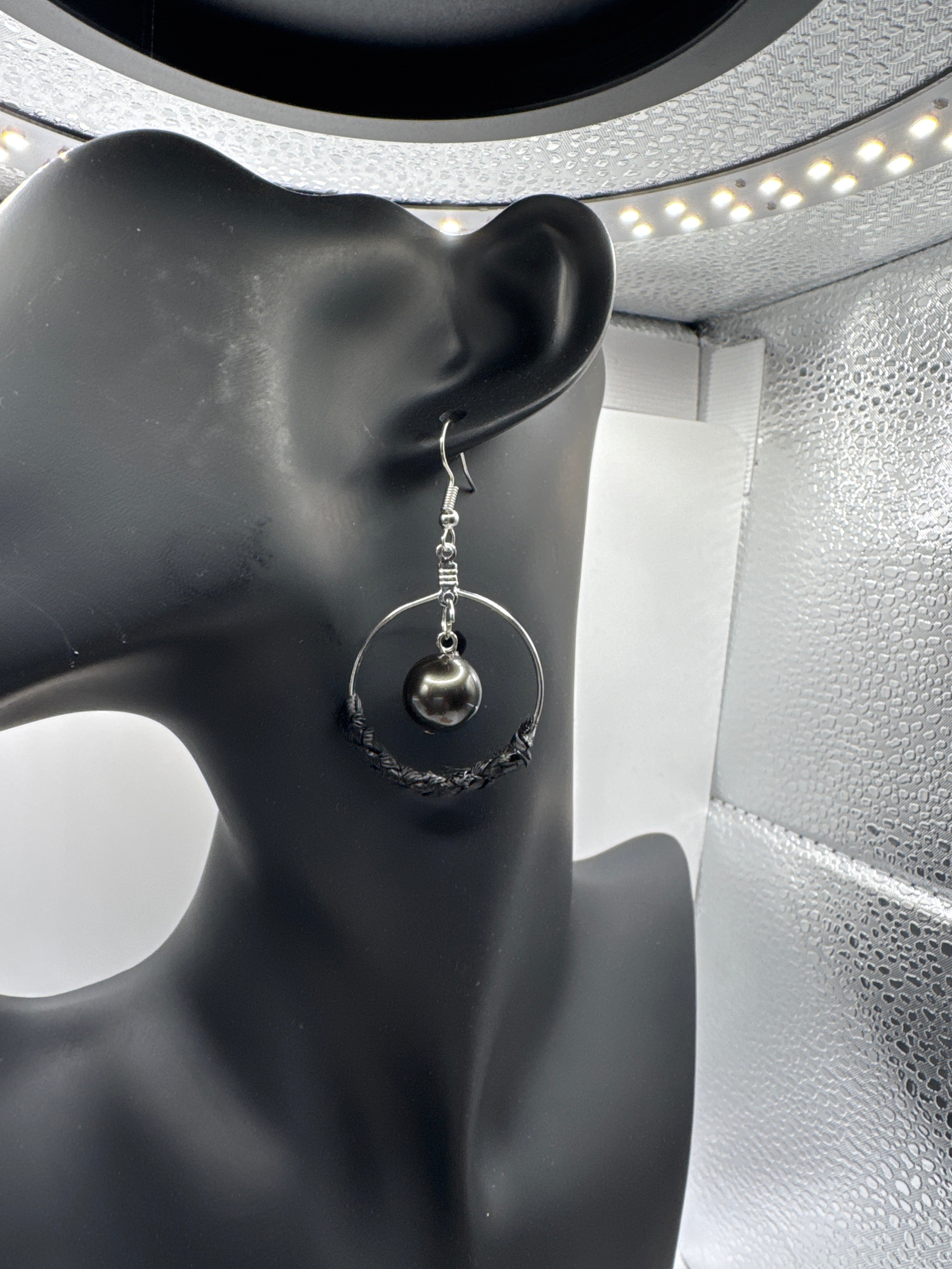 Handmade Lauhala Half Wrap Hoop Earrings with Black or Yellow Shell Pearls, Silver Hawaiian Woven Earrings, Pandanus Leaf Jewelry