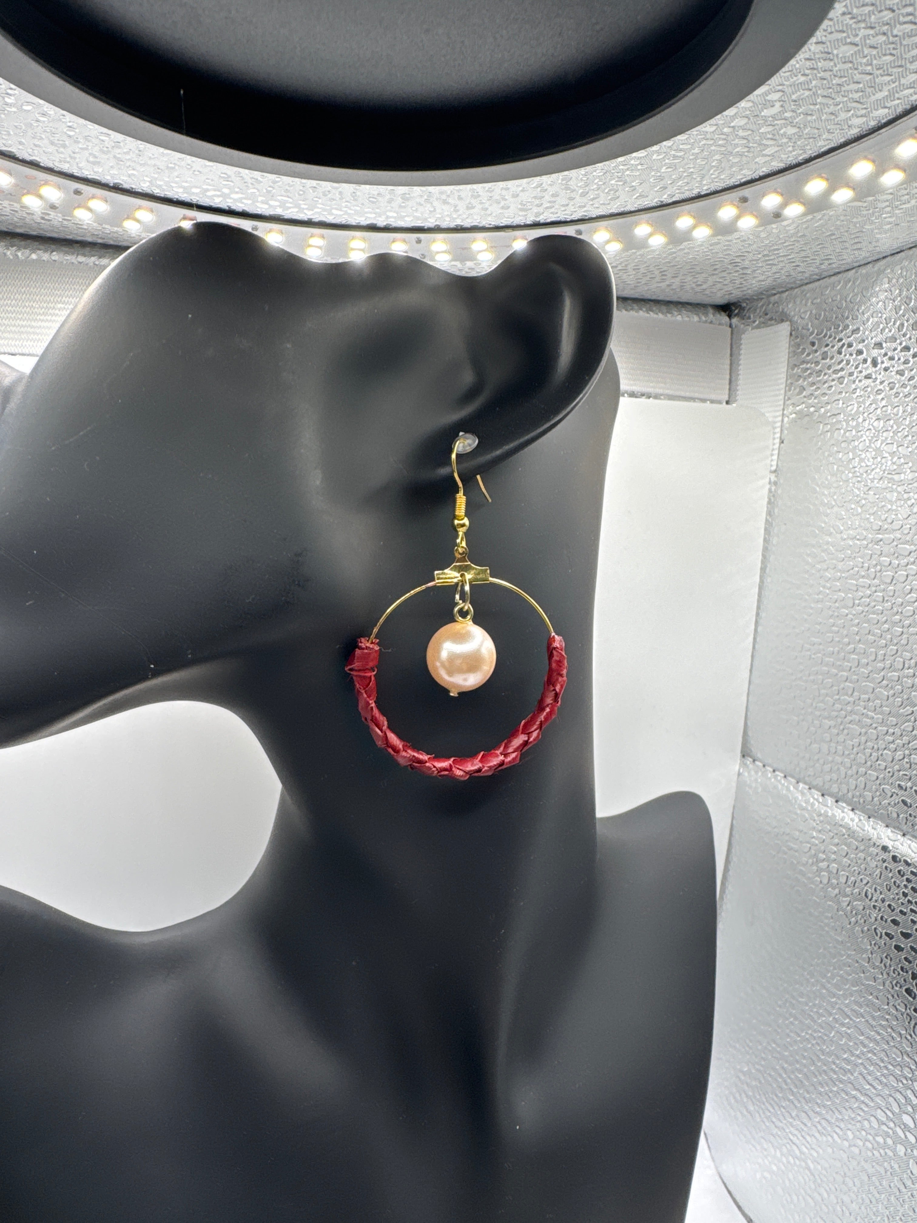 Handmade Lauhala Half Wrap Hoop Earrings with Shell Pearls, Gold Hawaiian Woven Earrings, Pink or Brown Pandanus Leaf Jewelry