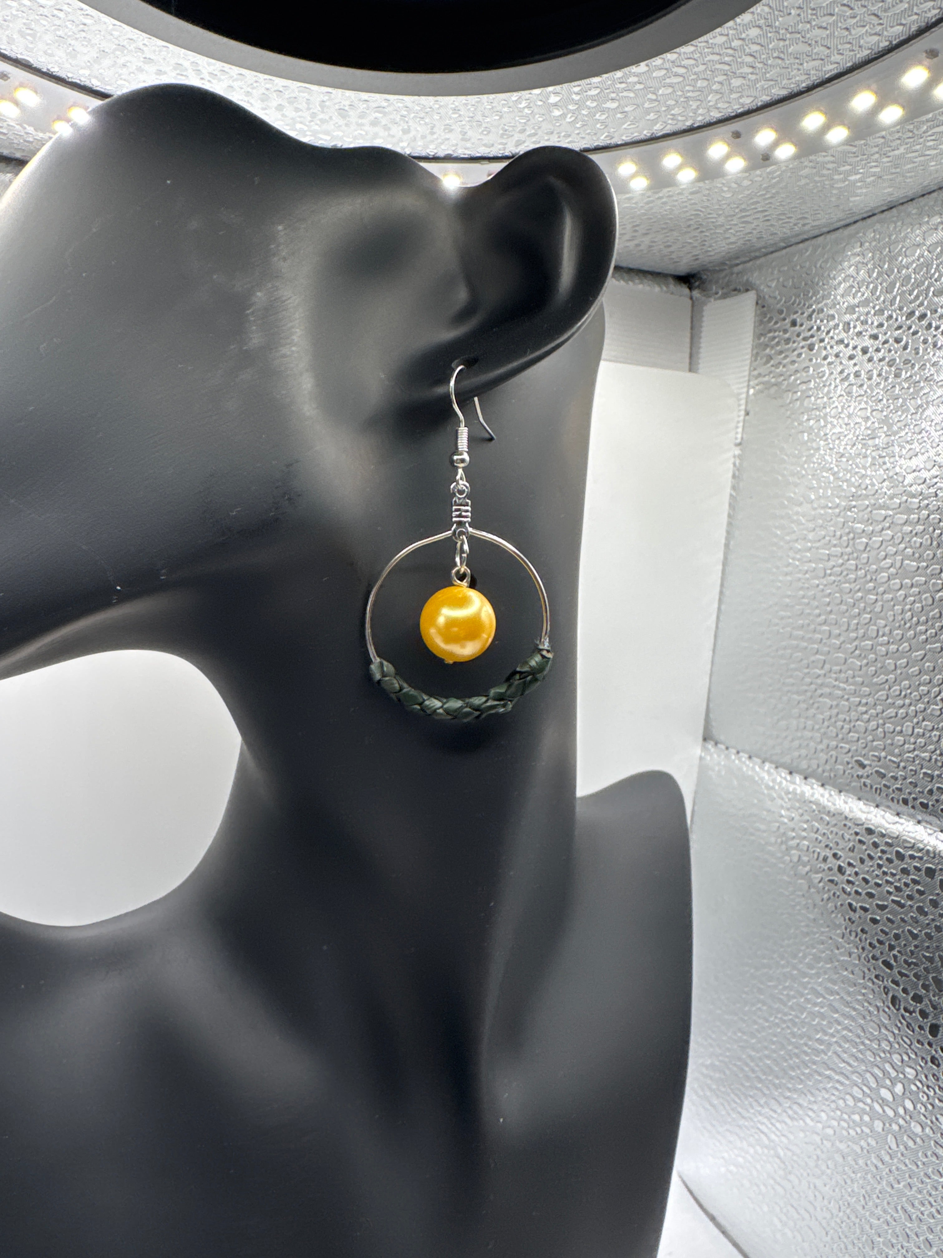 Handmade Lauhala Half Wrap Hoop Earrings with Black or Yellow Shell Pearls, Silver Hawaiian Woven Earrings, Pandanus Leaf Jewelry