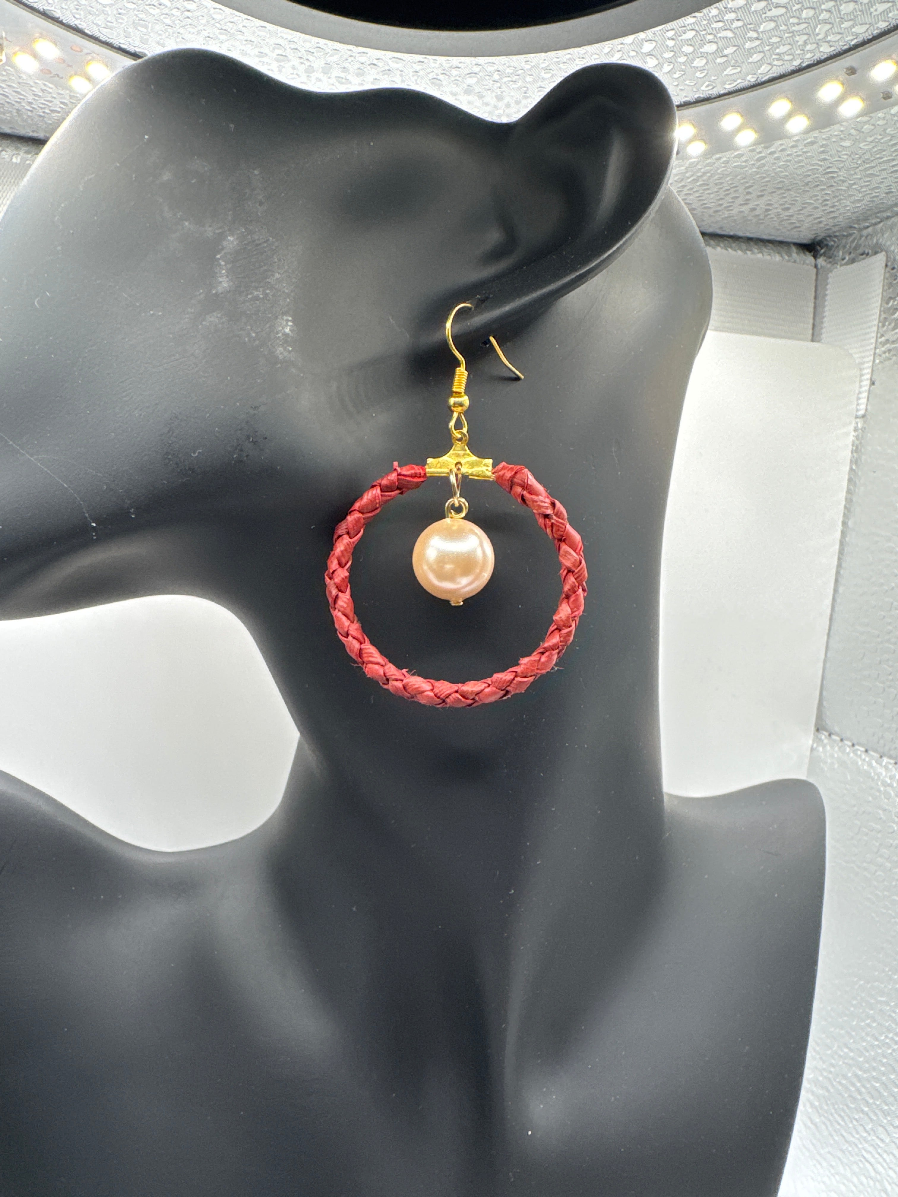 Handmade Lauhala Wrapped Hoop Earrings with Shell Pearls, Hawaiian Woven Earrings, Authentic Hawaii Jewelry, Pandanus Leaf Hoops
