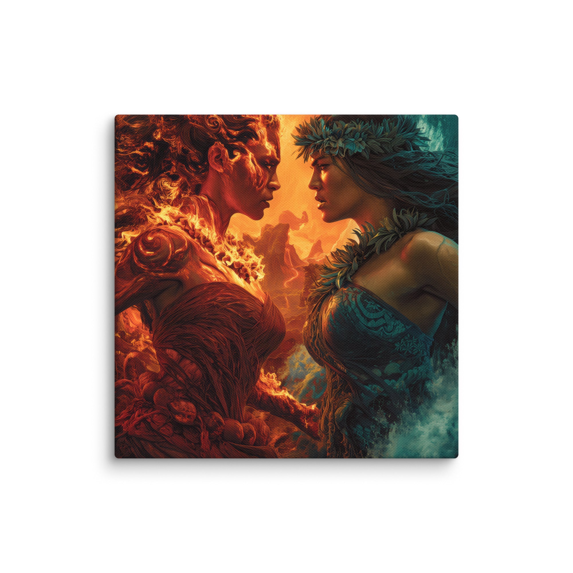 Hawaiian Pele vs Namaka Hawaiian canvas wall art shown at 10×10 inch size