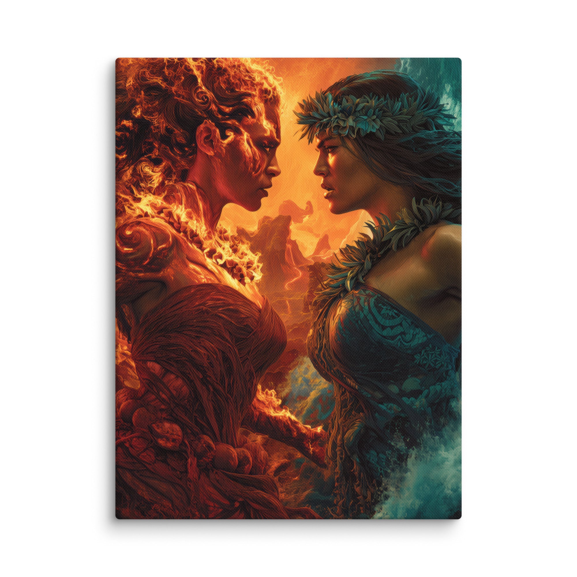 Hawaiian Pele vs Namaka Hawaiian canvas wall art shown at 12×16 inch size