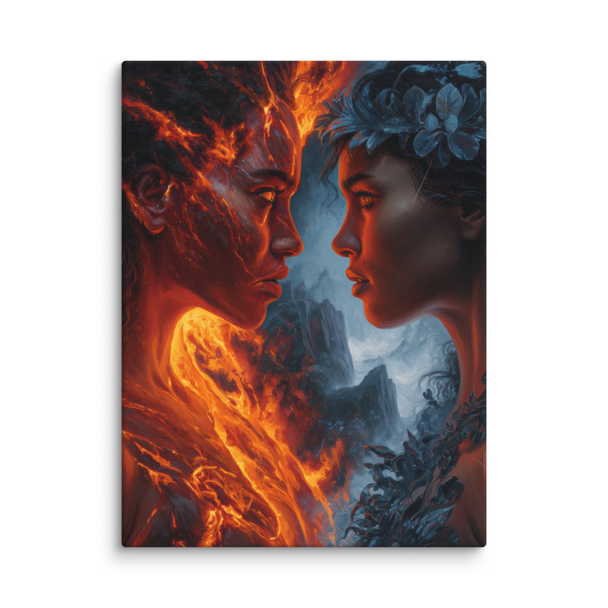 Hawaiian Pele vs Poliahu Hawaiian canvas wall art shown at 12×16 inch size