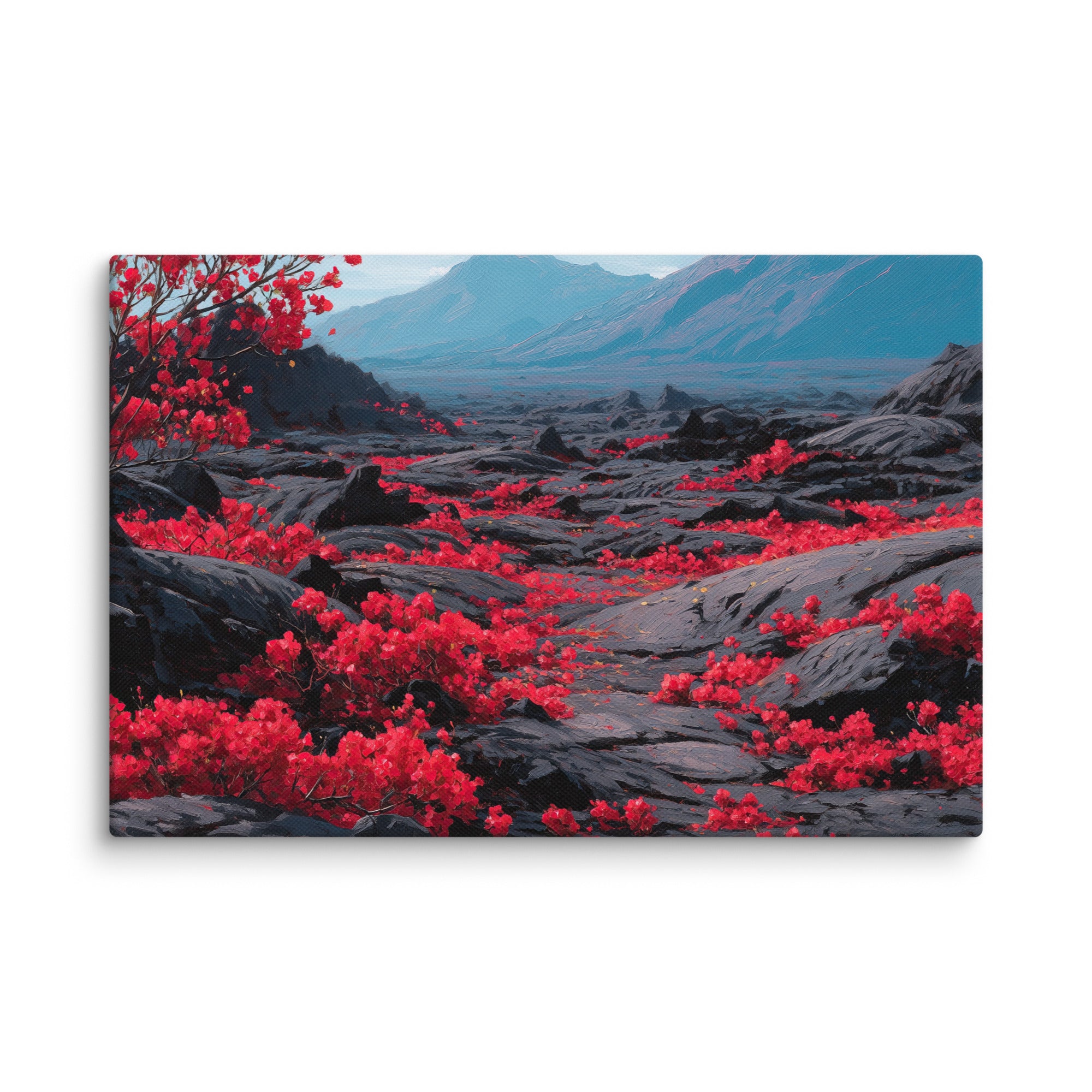 Black lava field with ohia lehua Big Island Hawaii canvas wall art — digital oil painting print