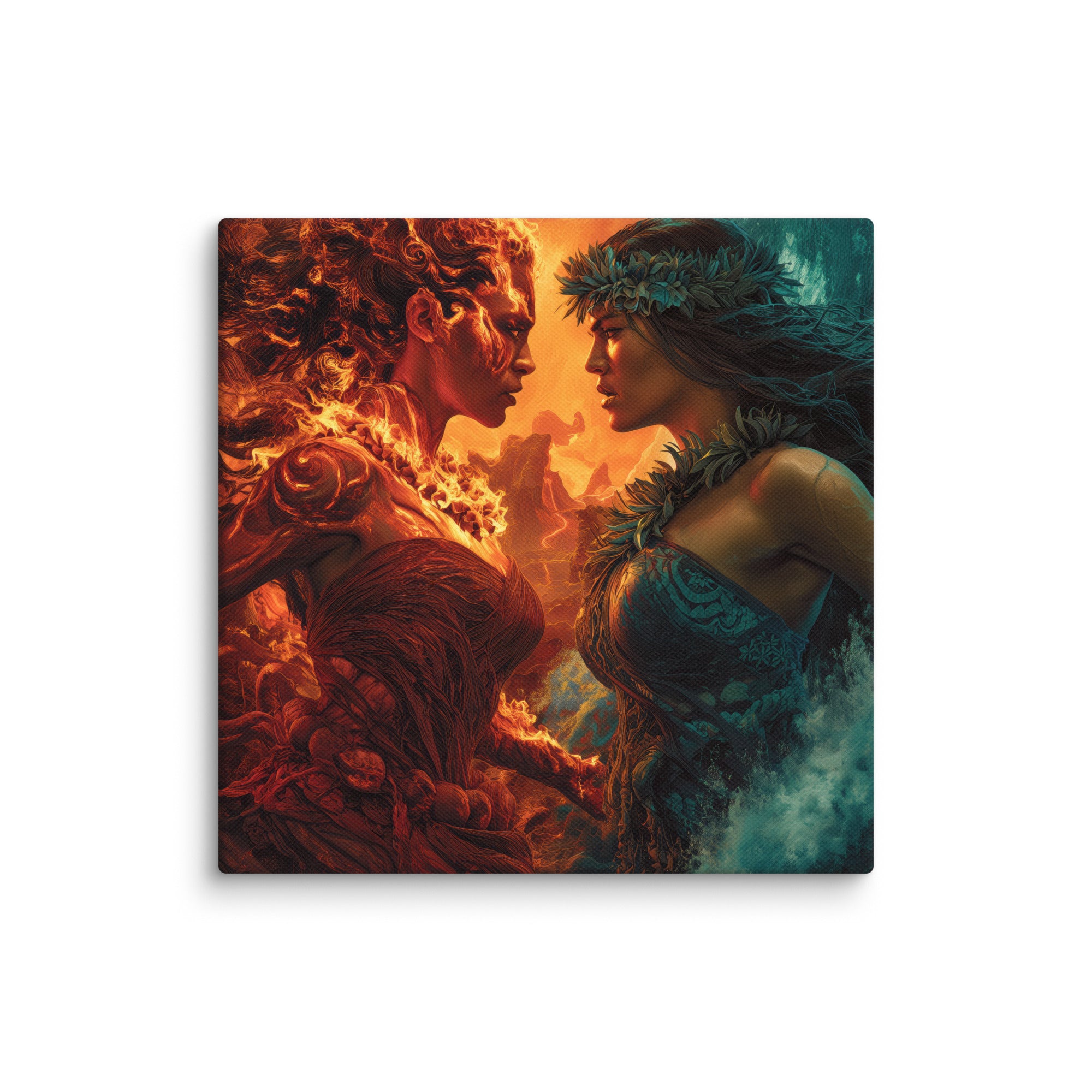 Hawaiian Pele vs Namaka Hawaiian canvas wall art shown at 14×14 inch size