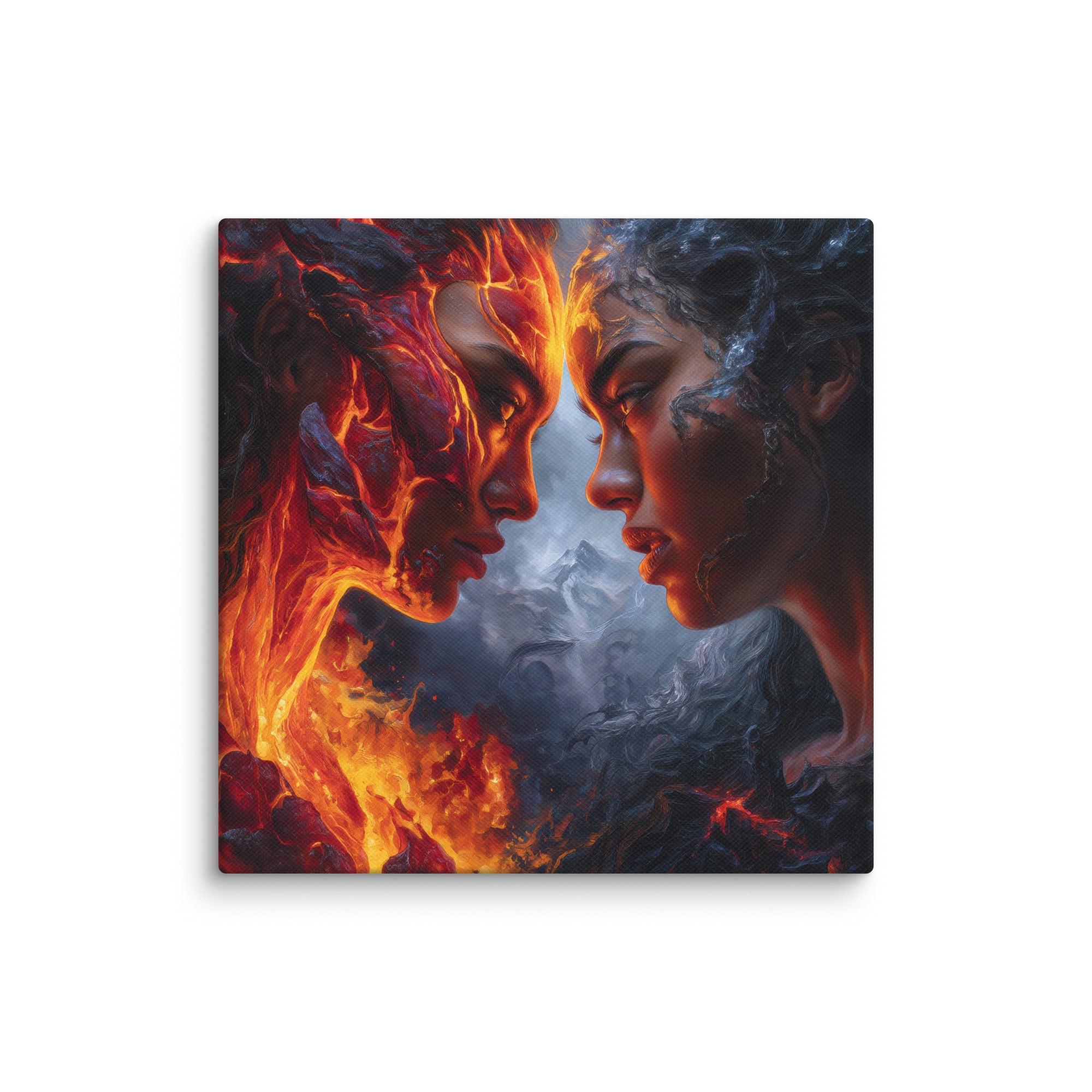 Hawaiian Pele vs Poliahu Hawaiian canvas wall art shown at 14×14 inch size