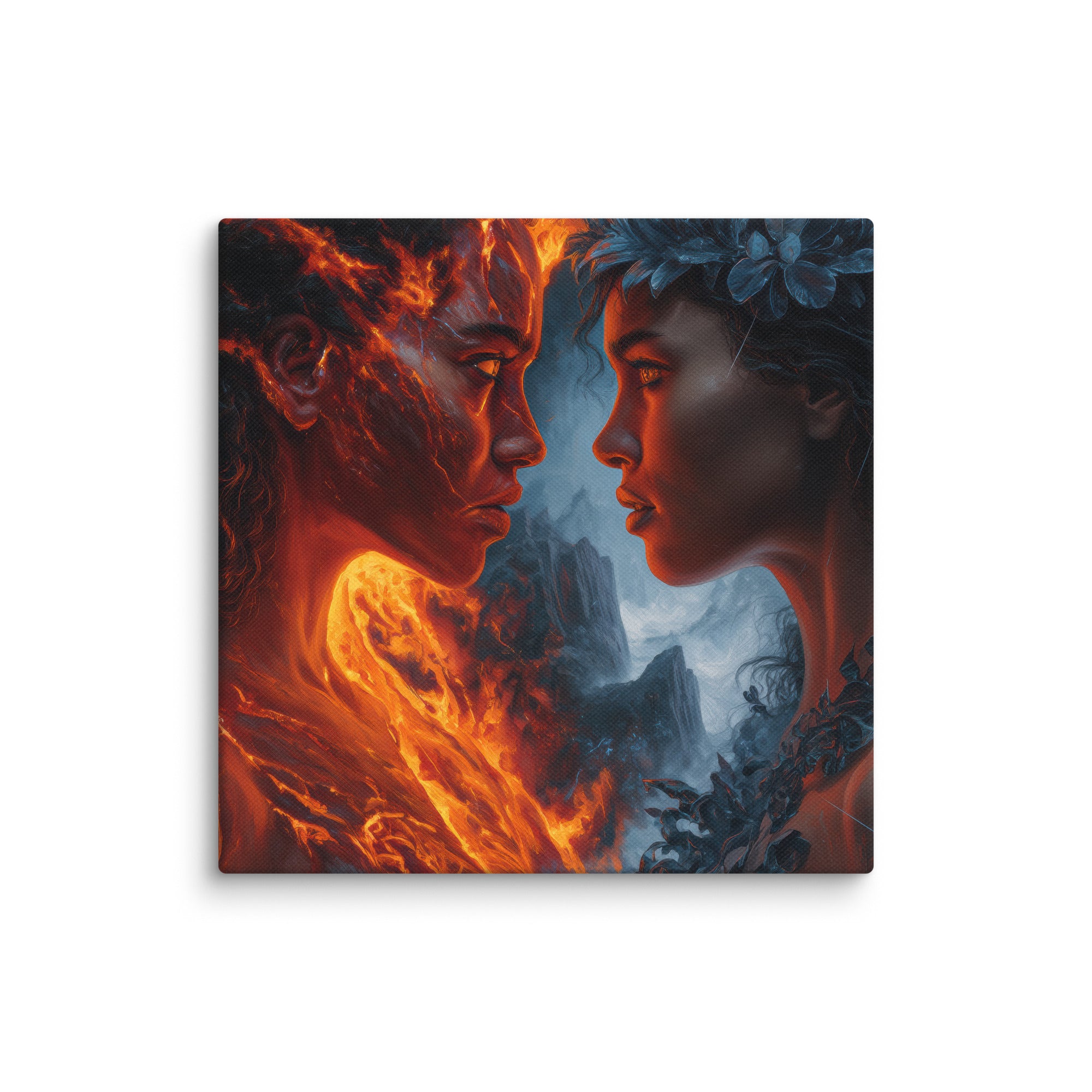 Hawaiian Pele vs Poliahu Hawaiian canvas wall art shown at 16×16 inch size