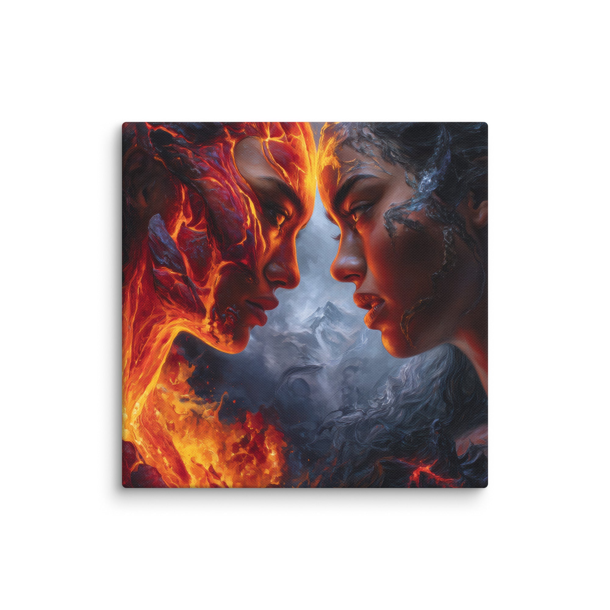 Hawaiian Pele vs Poliahu Hawaiian canvas wall art shown at 16×16 inch size