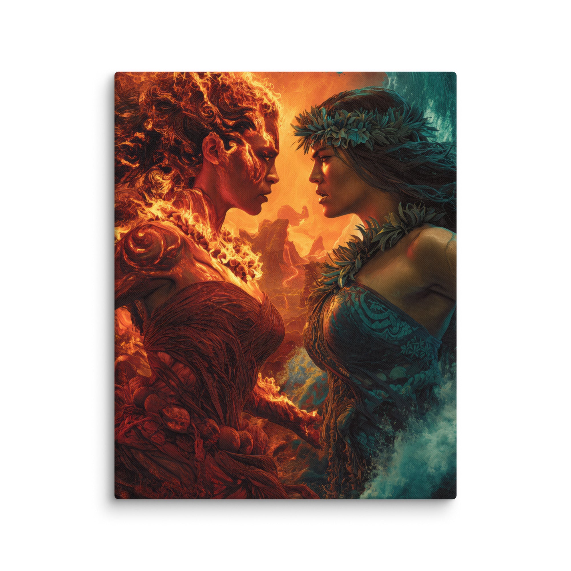 Hawaiian Pele vs Namaka Hawaiian canvas wall art shown at 16×20 inch size