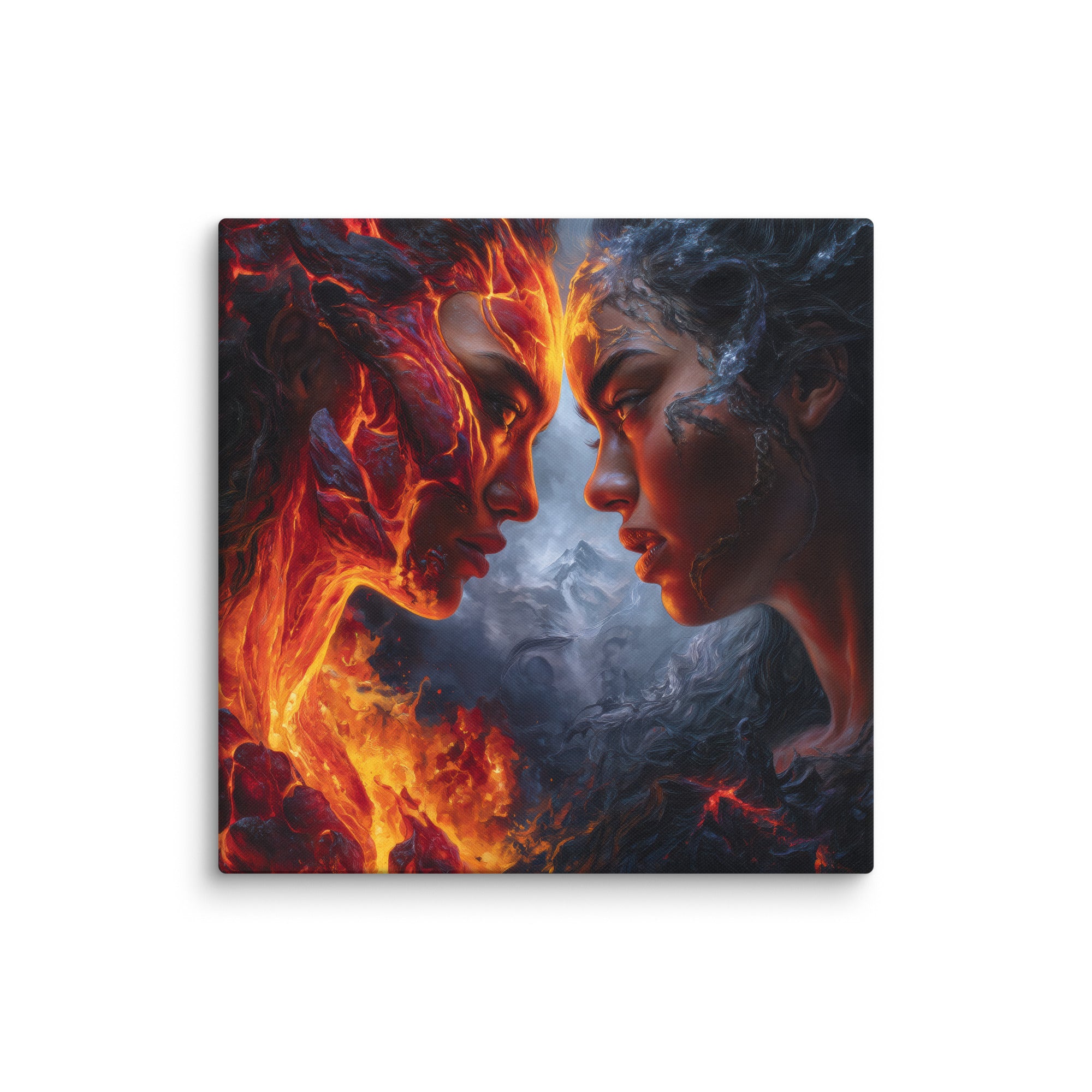 Hawaiian Pele vs Poliahu Hawaiian canvas wall art shown at 18×18 inch size