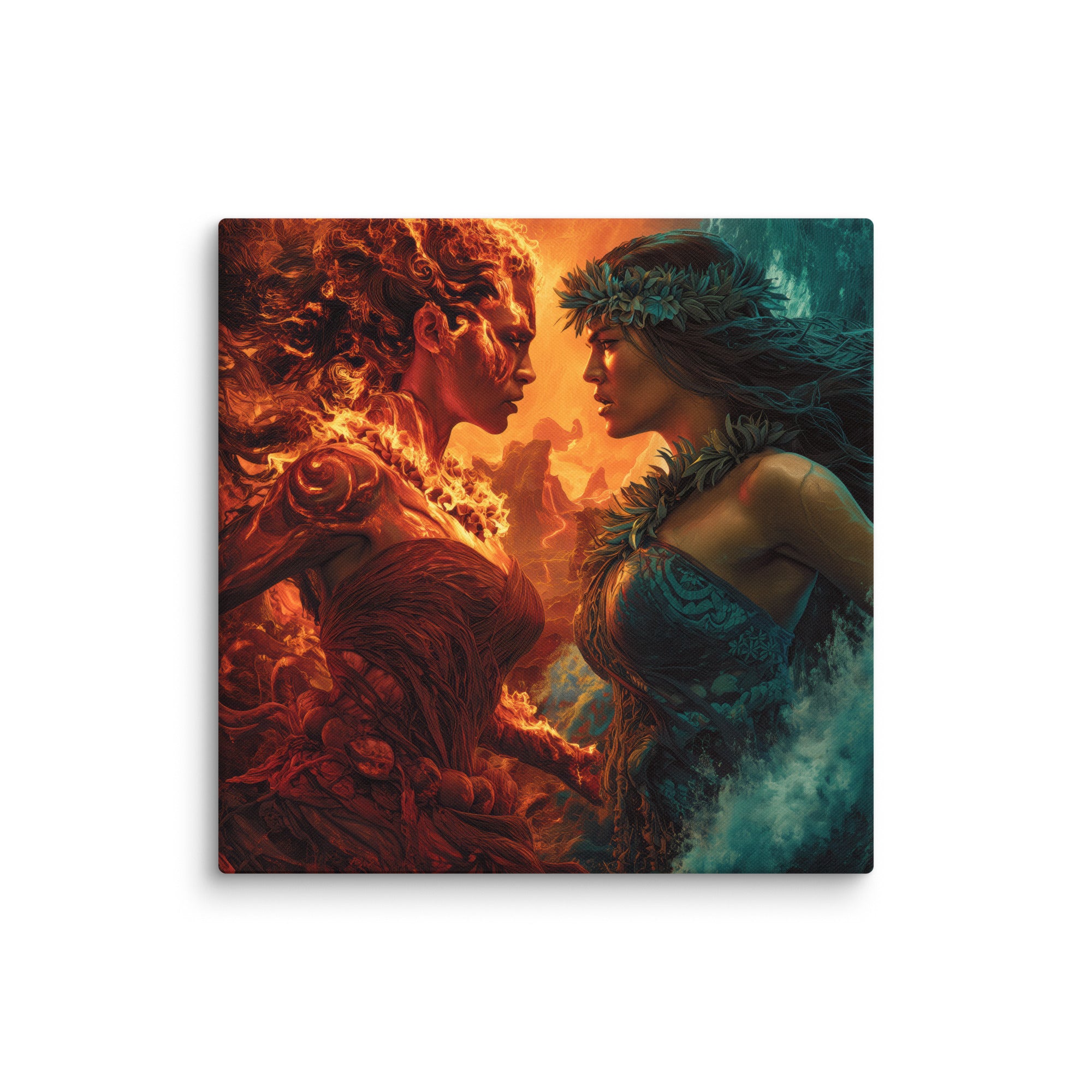 Hawaiian Pele vs Namaka Hawaiian canvas wall art shown at 20×20 inch size