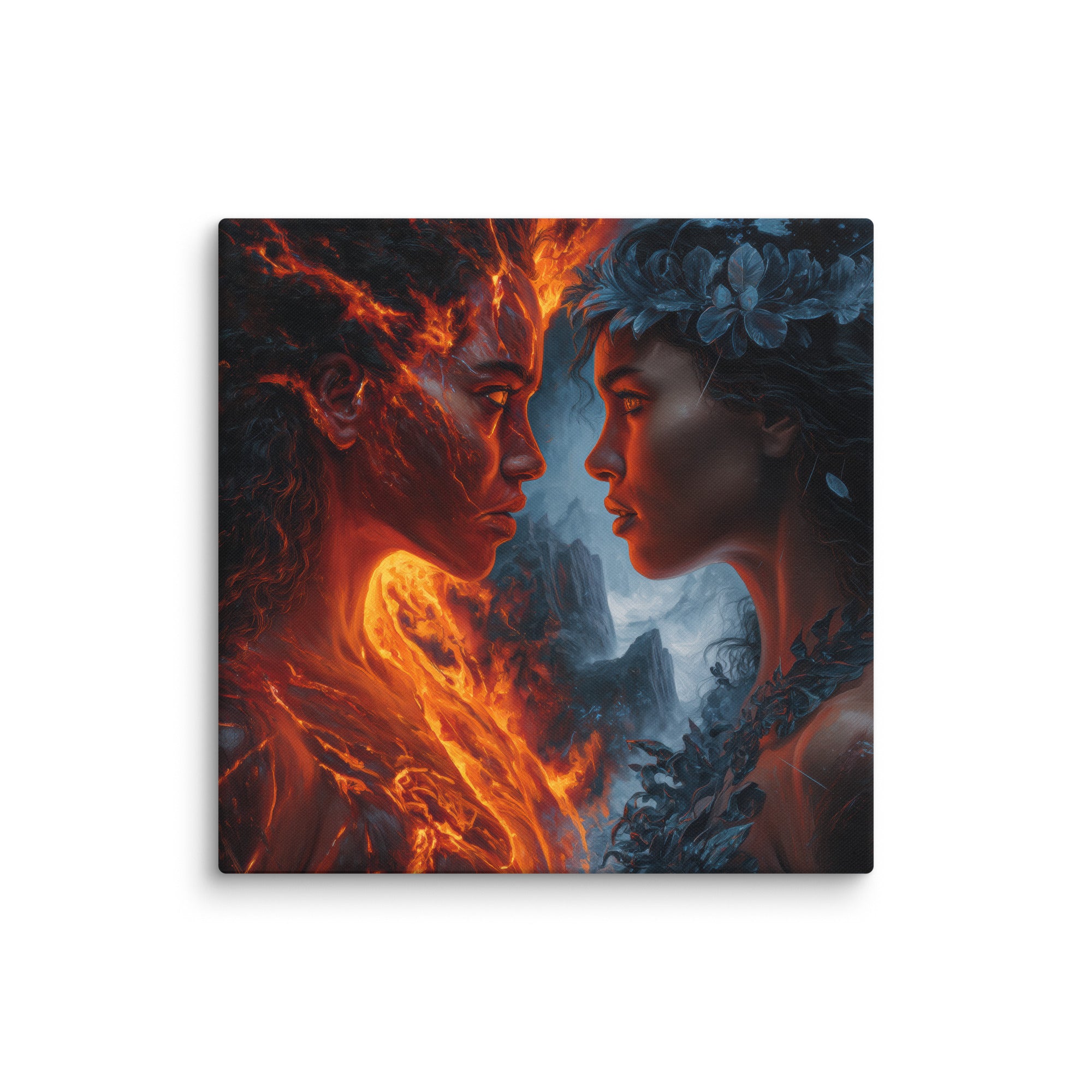 Hawaiian Pele vs Poliahu Hawaiian canvas wall art shown at 20×20 inch size