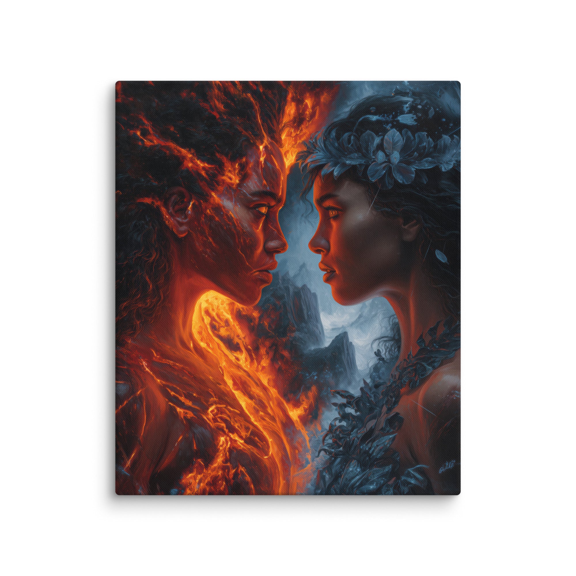 Hawaiian Pele vs Poliahu Hawaiian canvas wall art shown at 20×24 inch size