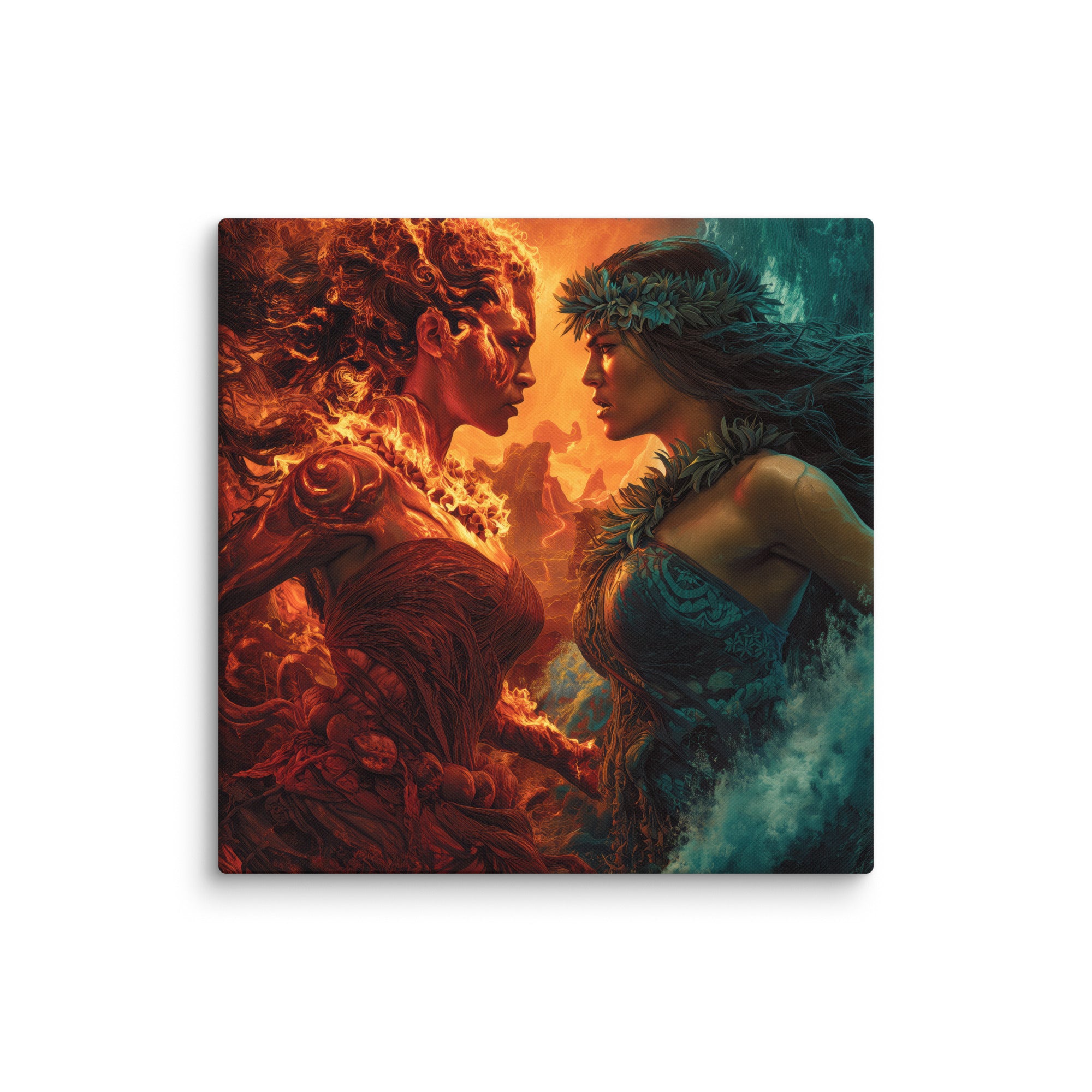 Hawaiian Pele vs Namaka Hawaiian canvas wall art shown at 24×24 inch size