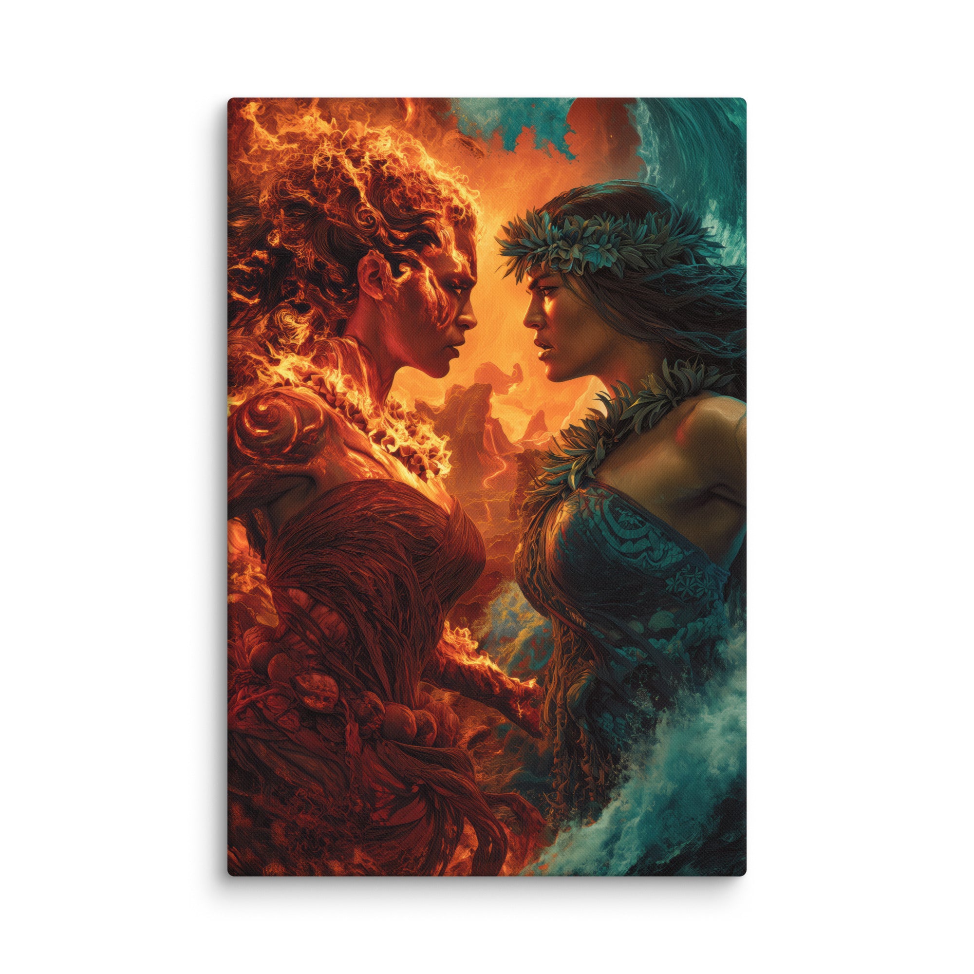 Hawaiian Pele vs Namaka Hawaiian canvas wall art shown at 24×36 inch size
